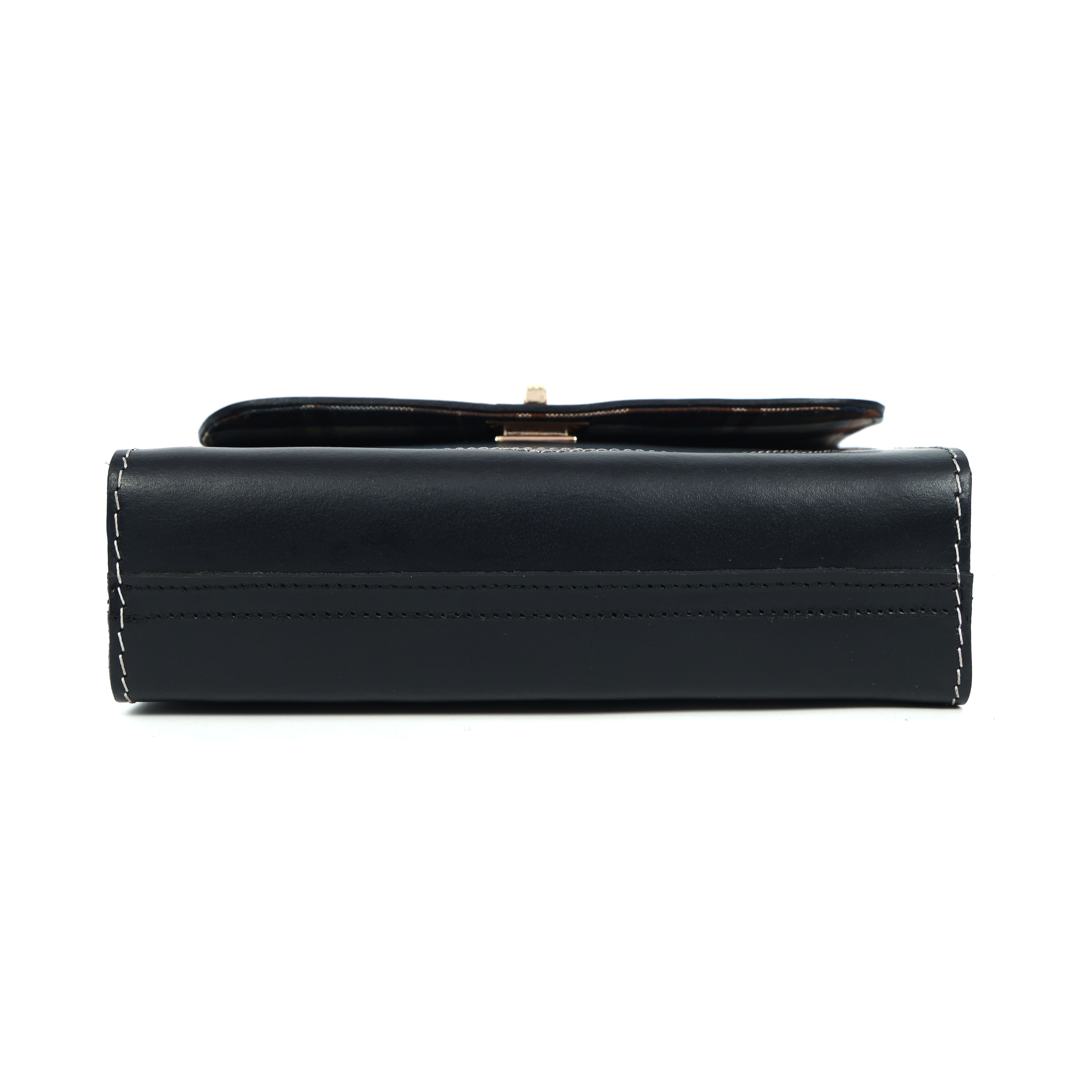 Black Structured Leather Crossbody Bag with Contrast Stitching & Secure Turn-Lock