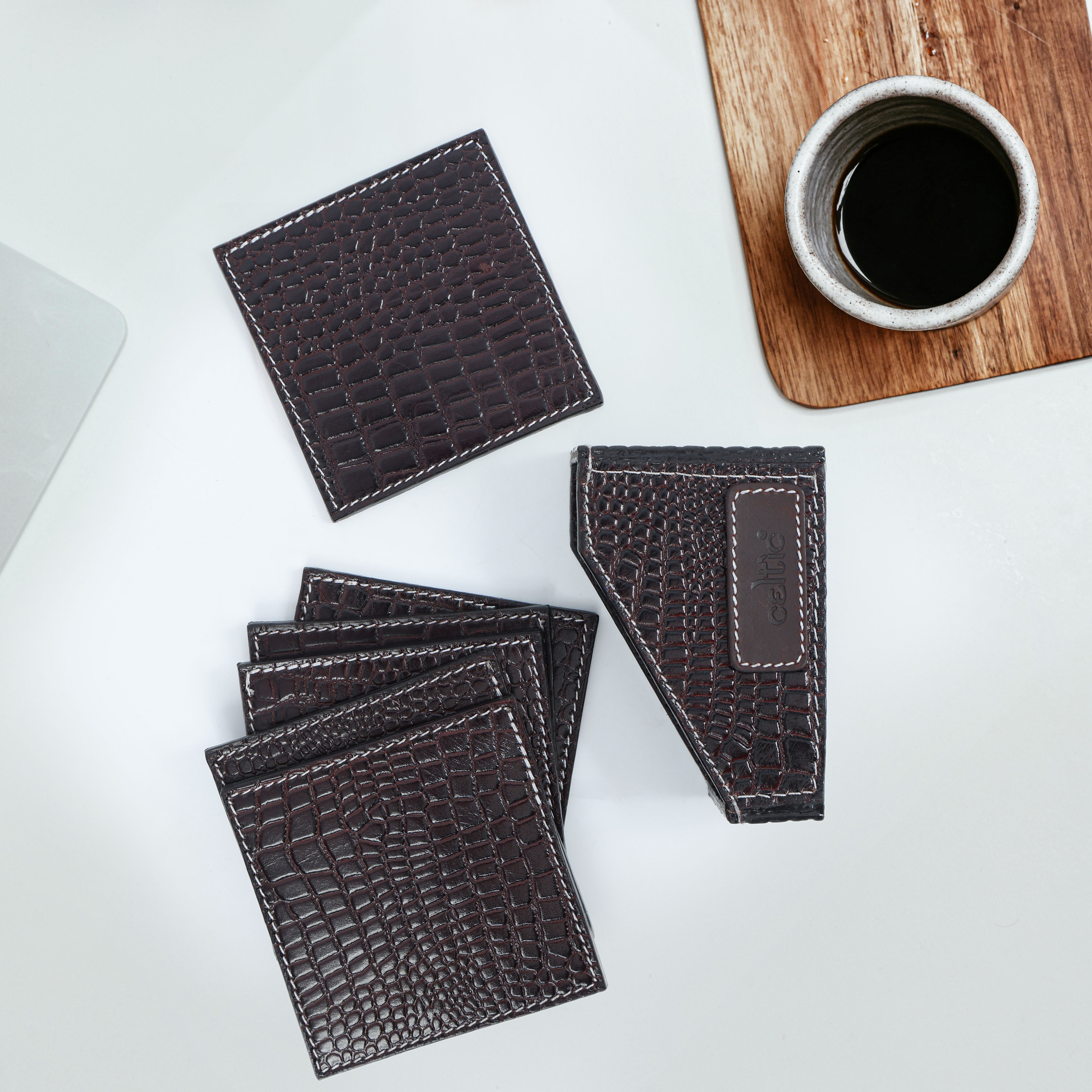 Premium Croc-Textured Leather Coaster Set with Holder