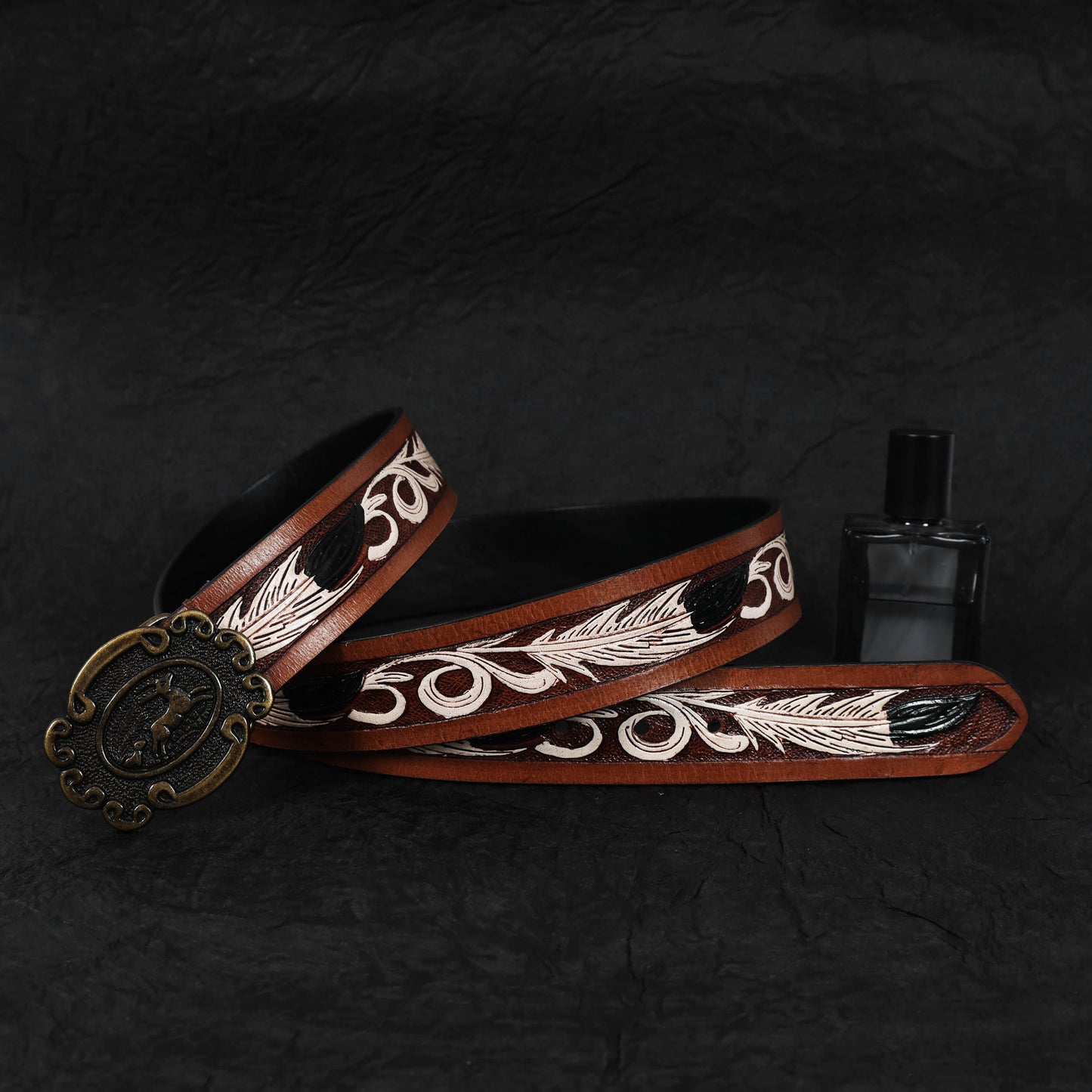 Handcrafted Tan Leather Belt with White Paint - Stylish & Unique Hand-Carved Design. LB-841