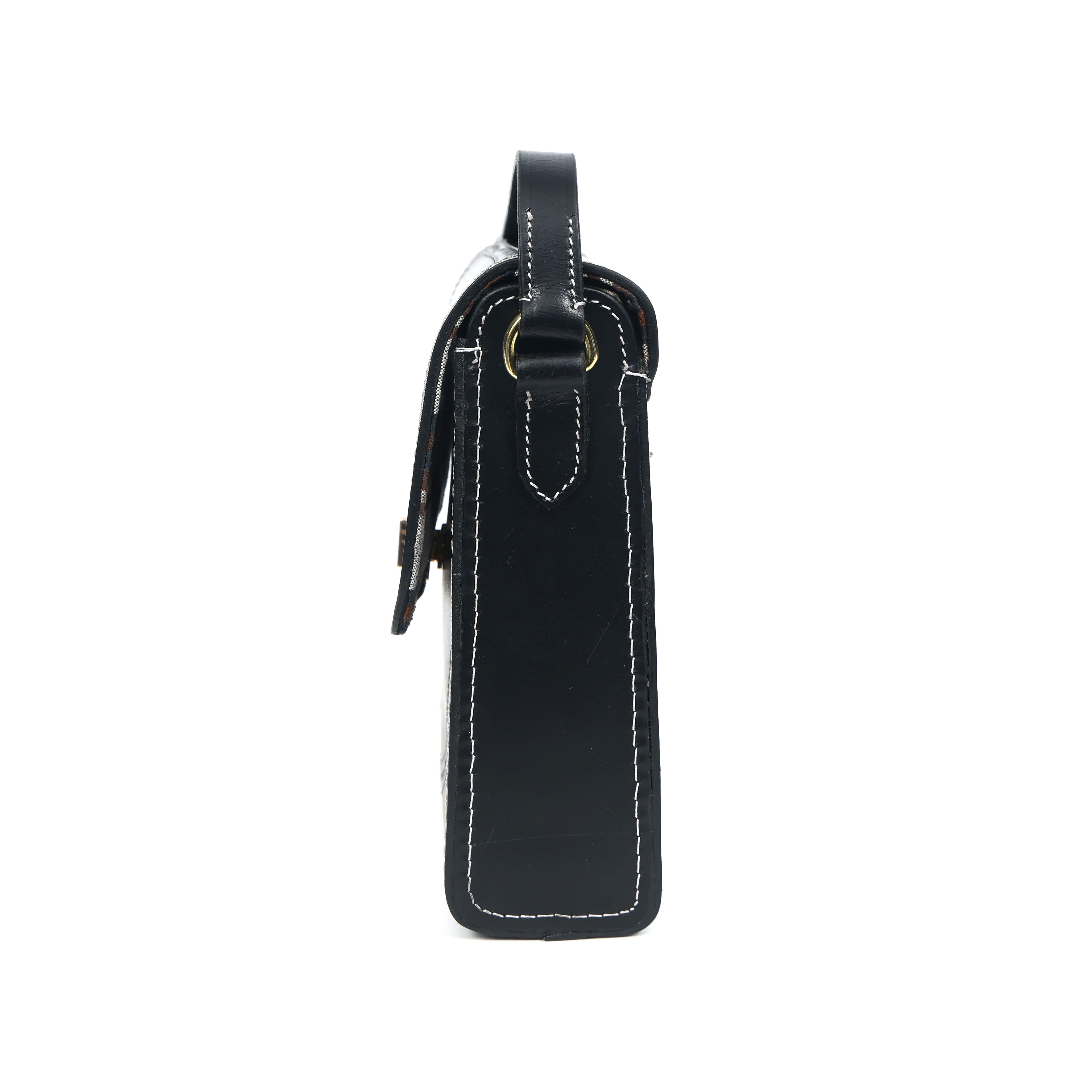 Black Structured Leather Crossbody Bag with Contrast Stitching & Secure Turn-Lock