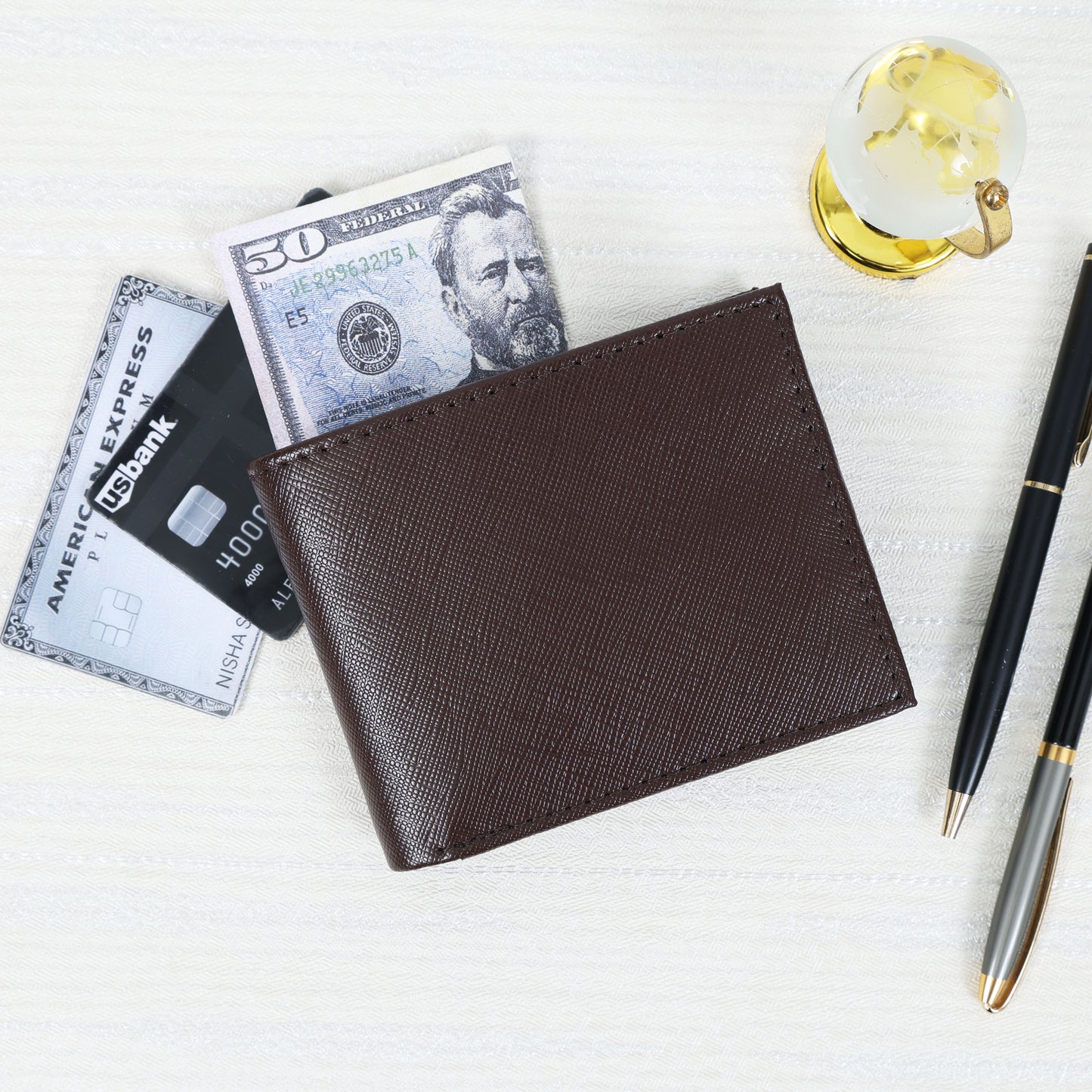 Premium  Genuine Leather Bi-Fold Wallet with Flip ID Window & Coin Pocket