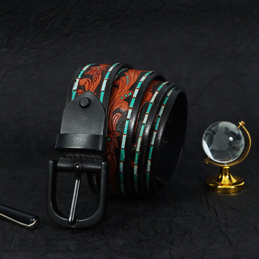 Brown Leather Hand-Carved Stylish Belt for Party Wear  Premium Quality & Unique Design. LB-843