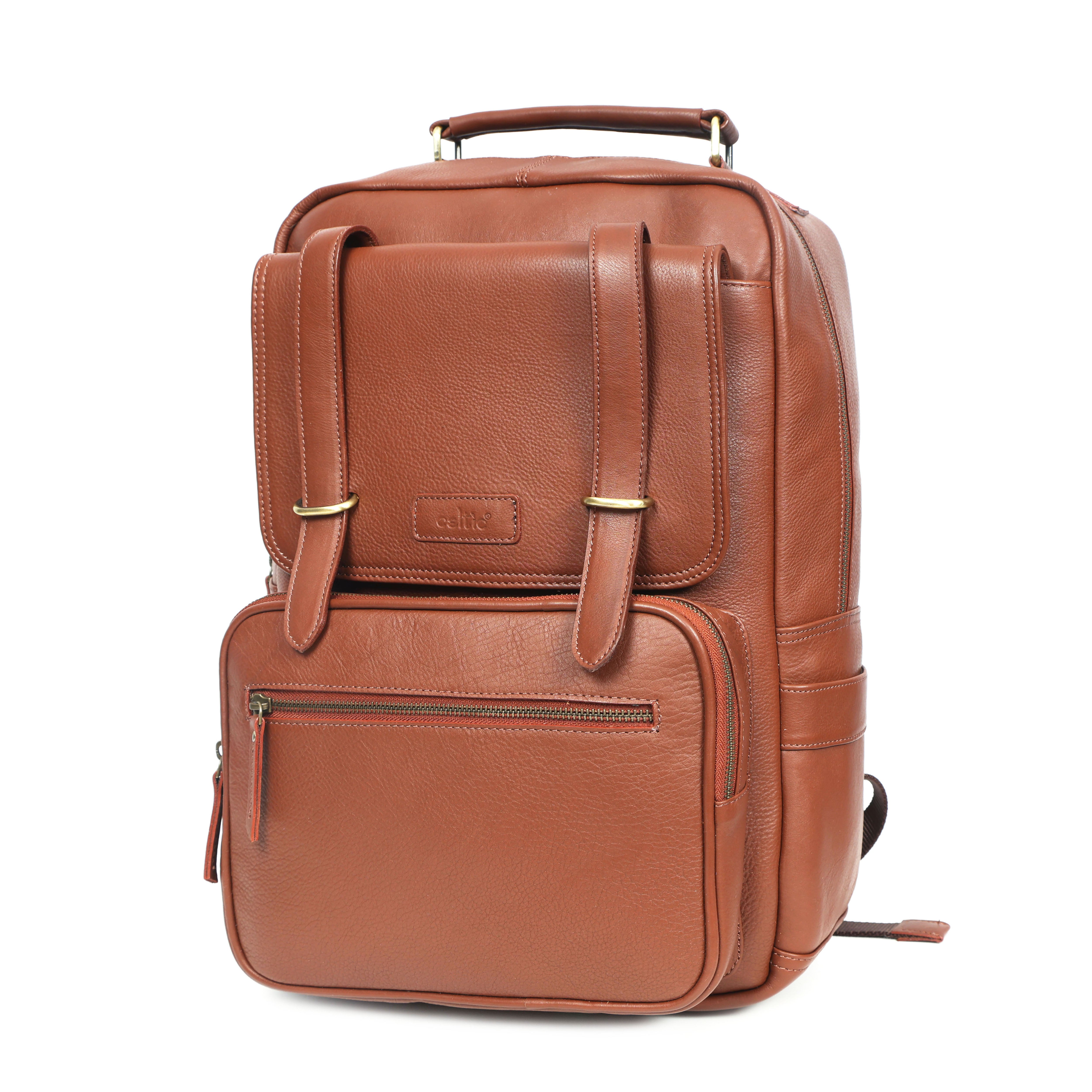 Premium Genuine Leather Laptop Backpack with Multi-Zip Compartments & Top Handle