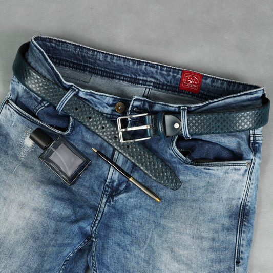 Trendy Blue Patterned Leather Belt for Men with Metal Buckle ƒ????? Stylish Casual & Formal Waist Belt ART:-LB-908