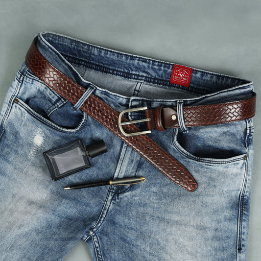 Trendy Brown Patterned Leather Belt for Men with Metal Buckle ƒ????? Stylish Casual & Formal Waist Belt ART:-LB-910