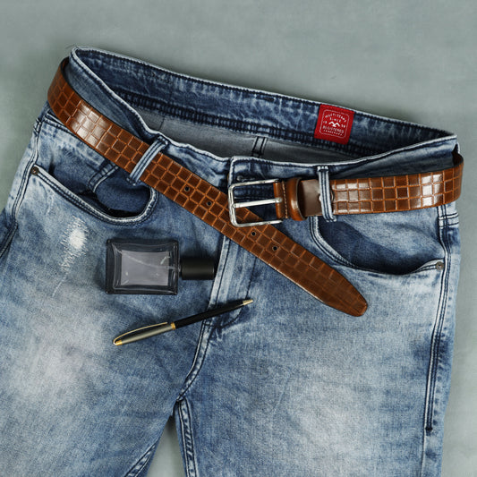 Trendy Tan Patterned Leather Belt for Men with Metal Buckle ƒ????? Stylish Casual & Formal Waist Belt ART:-LB-907