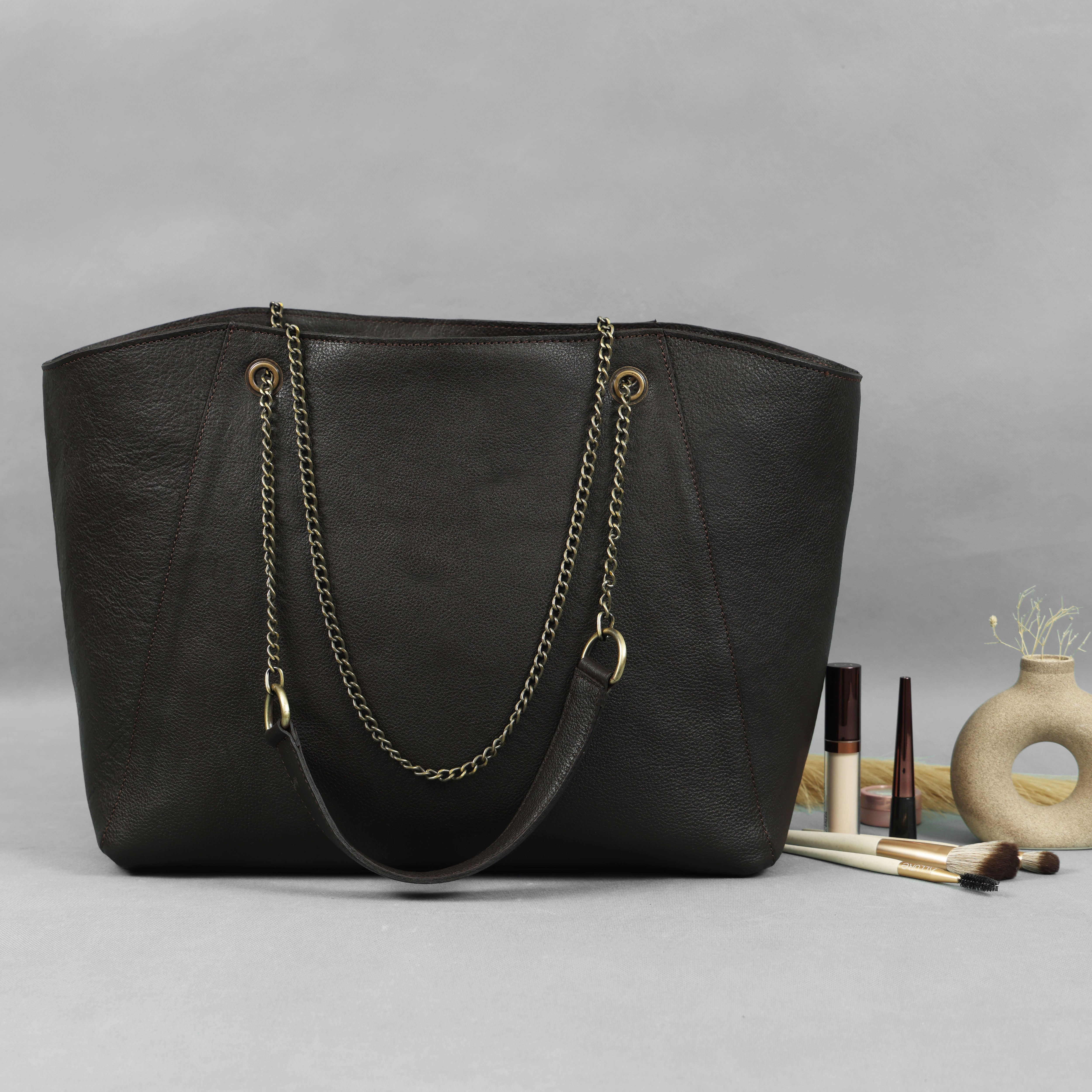 Premium Export Quality Black Leather Tote Bag with Chain Handles & Zip Closure
