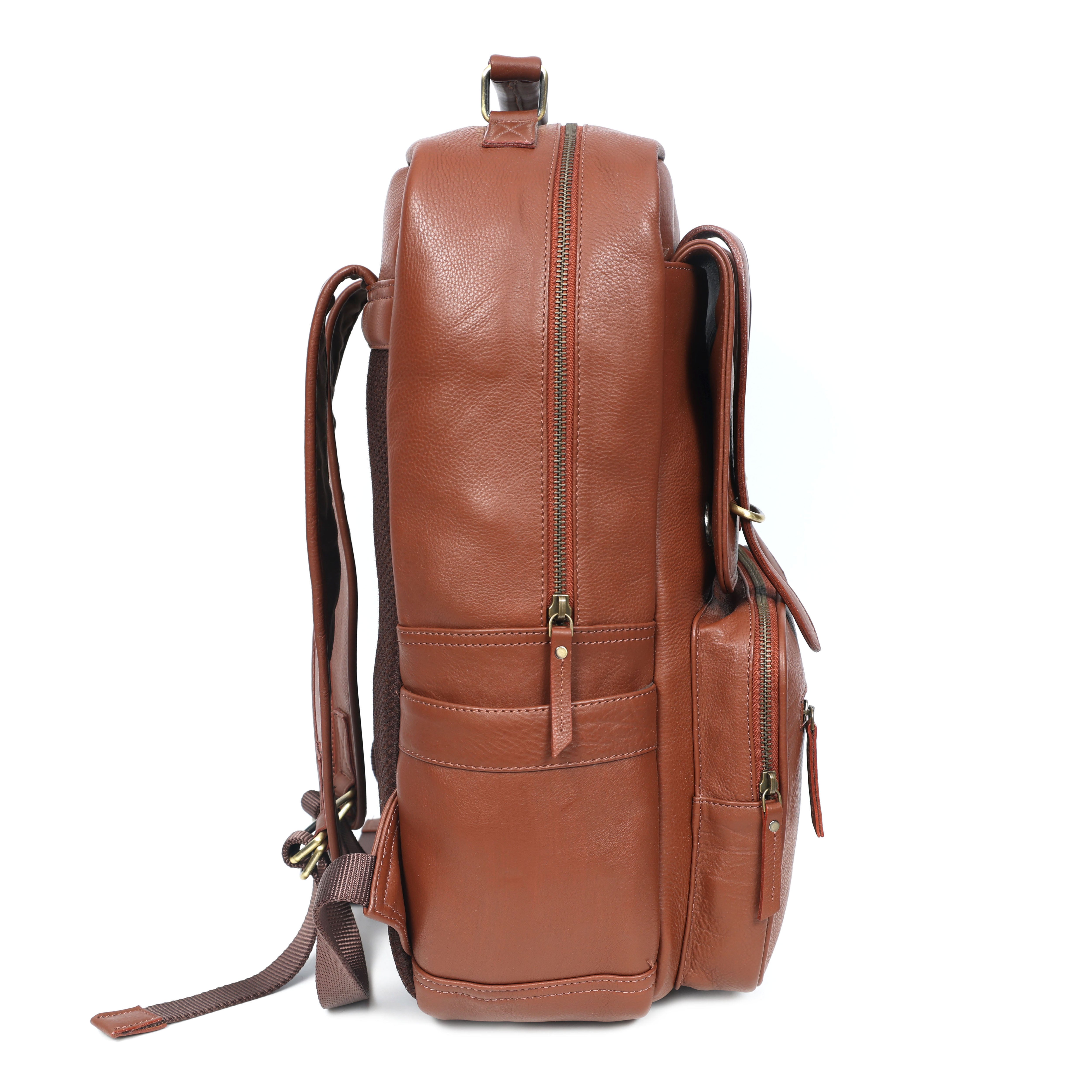 Premium Genuine Leather Laptop Backpack with Multi-Zip Compartments & Top Handle