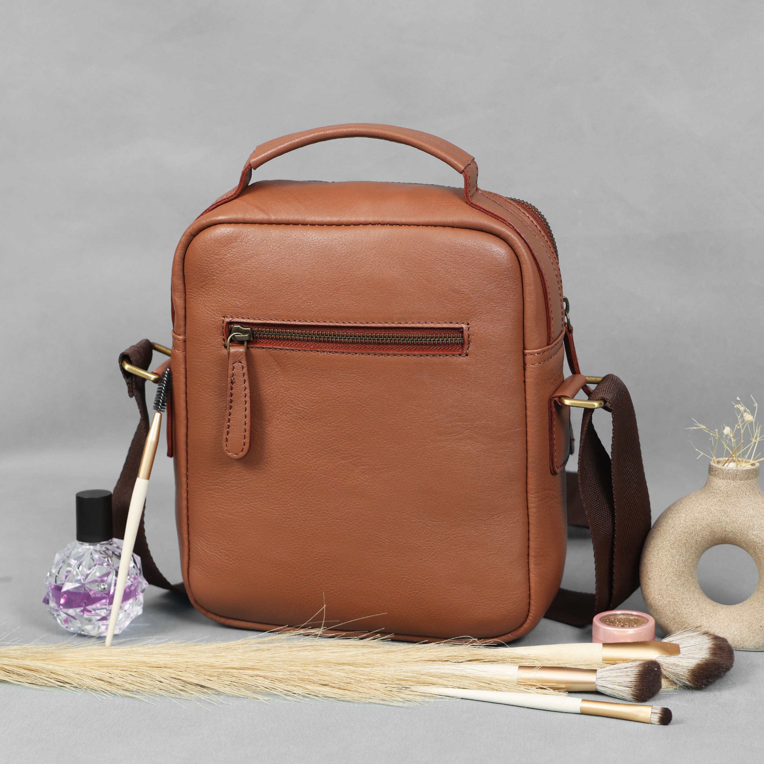 Unisex Leather Crossbody Sling Bag with Front Flap Pocket & Adjustable Strap