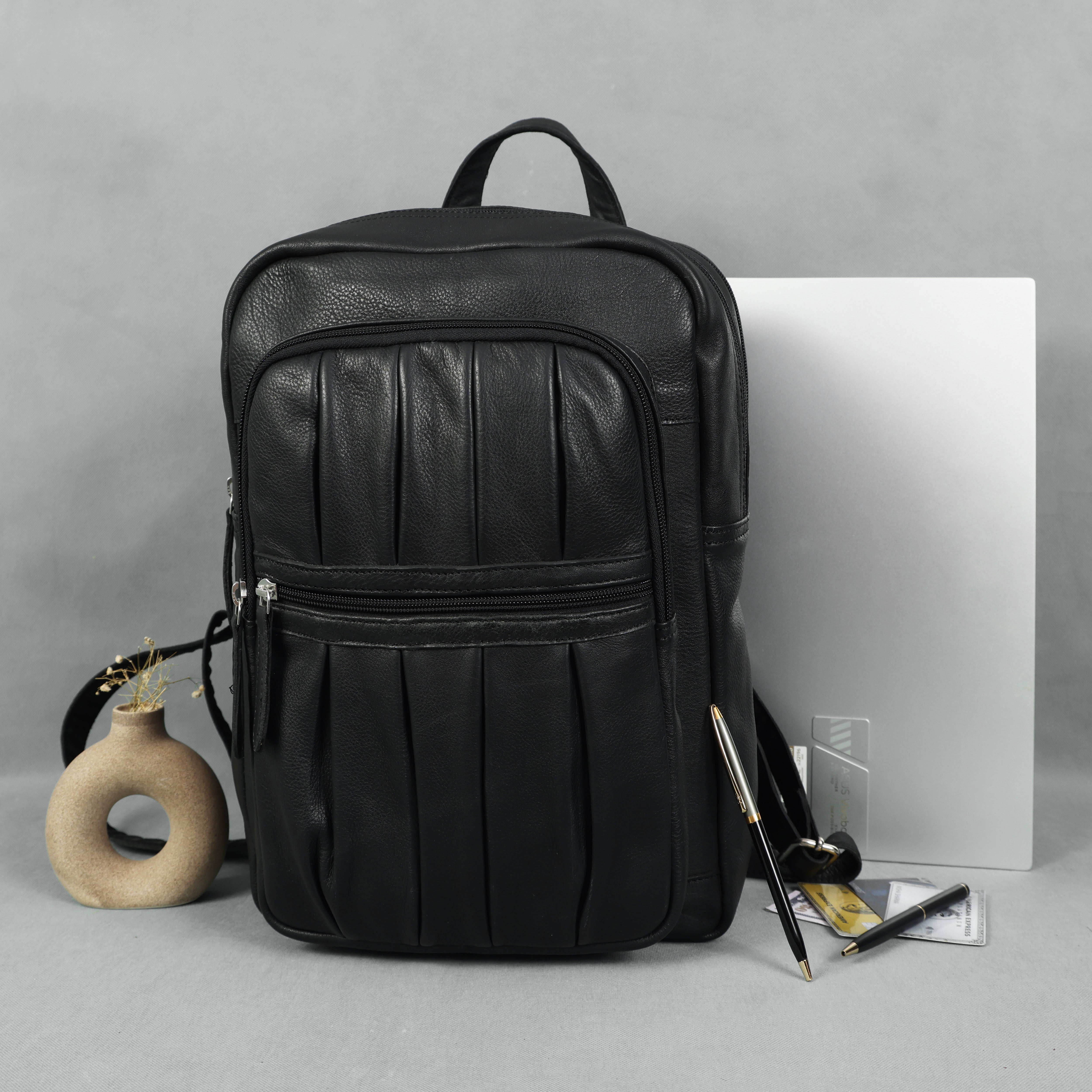Premium Genuine Leather Multi-Zip Backpack with Padded Straps & Organizer Pockets