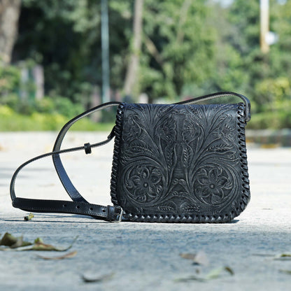 Hand-Carved Leather Sling Bag – Artisan Craftsmanship & Timeless Style. BG-1615