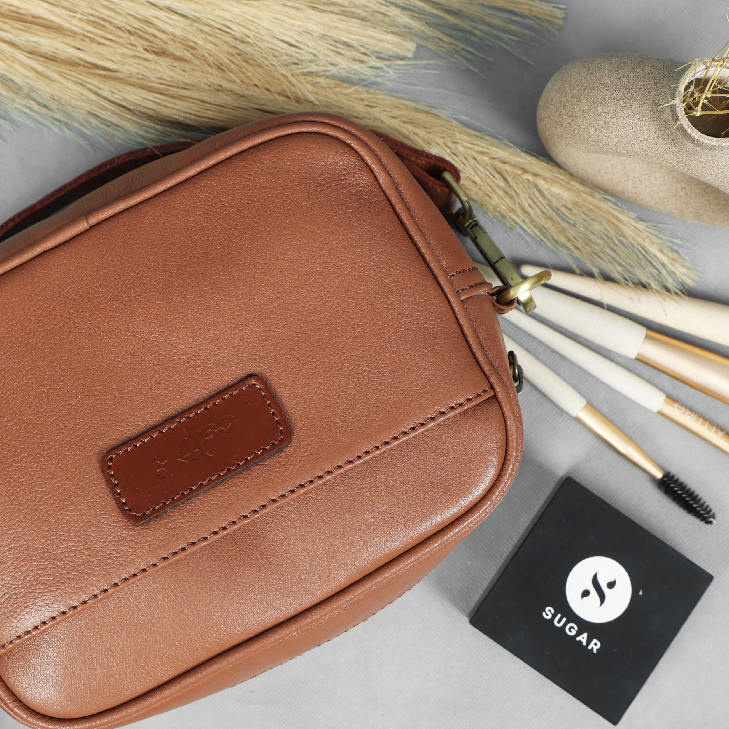 Premium Export Leather Compact Crossbody Bag | Multiple Zip Pockets & Adjustable Strap