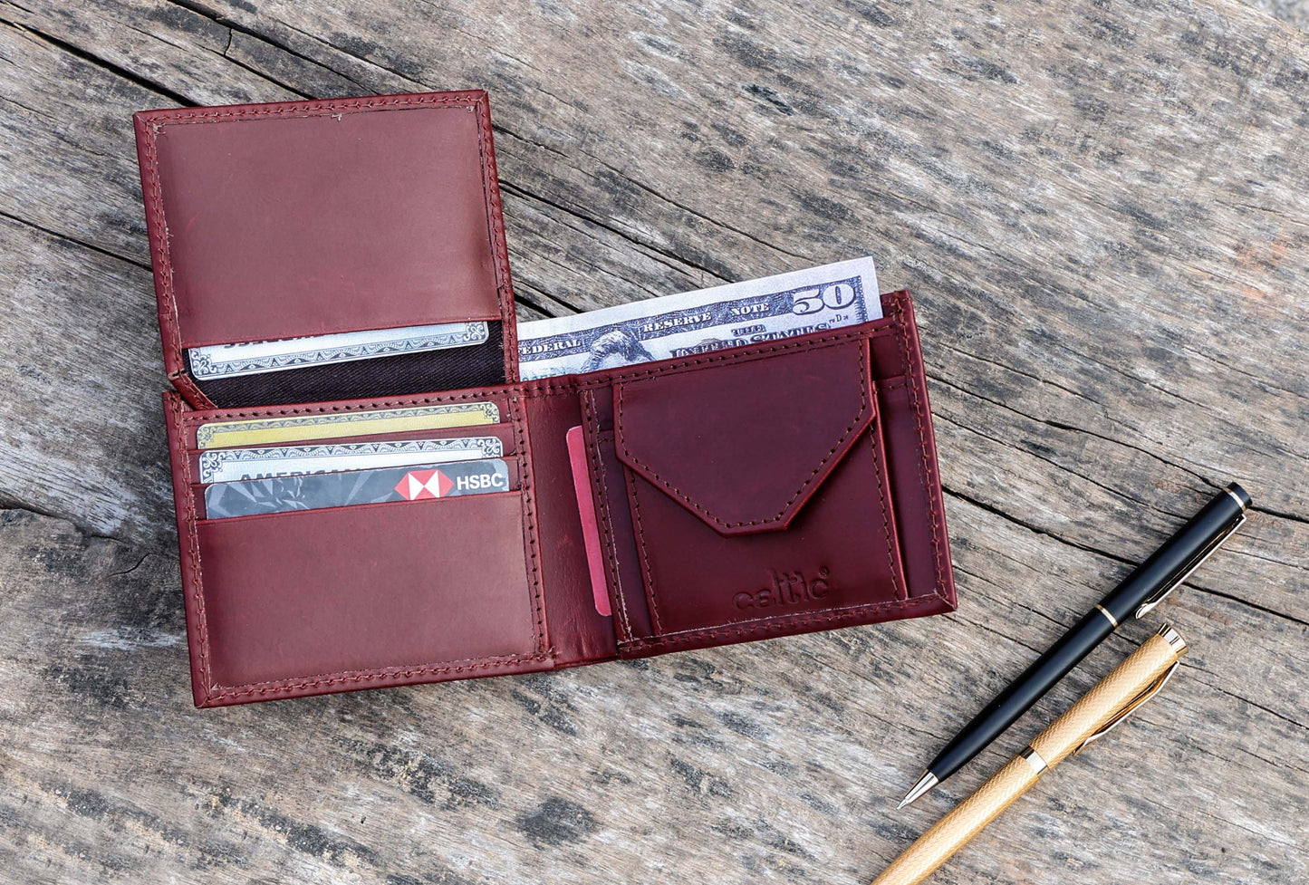 Burgundy Handmade Leather Wallet - Unique Elegance Crafted by Hand - CELTICINDIA