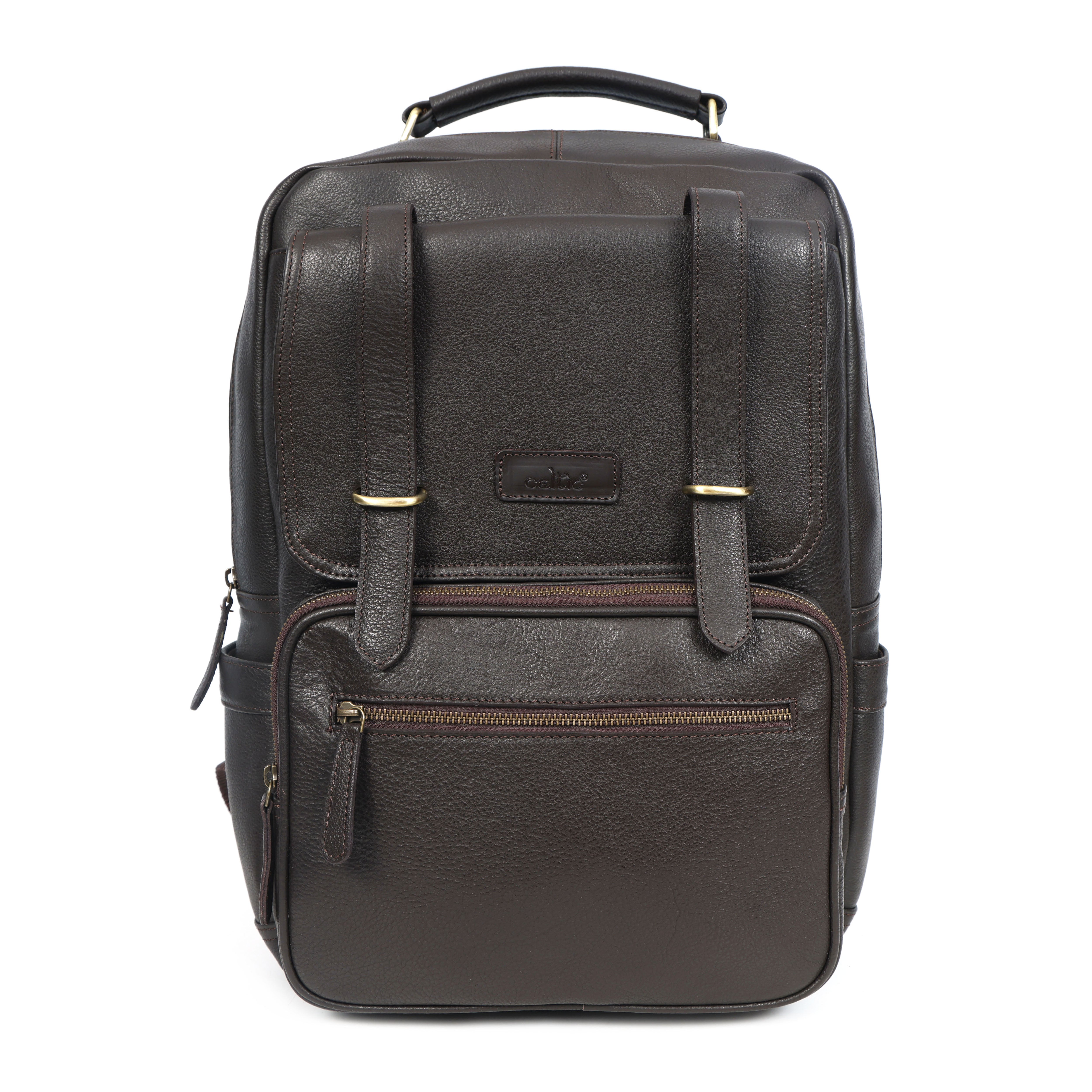 Premium Genuine Leather Laptop Backpack with Multi-Zip Compartments & Top Handle