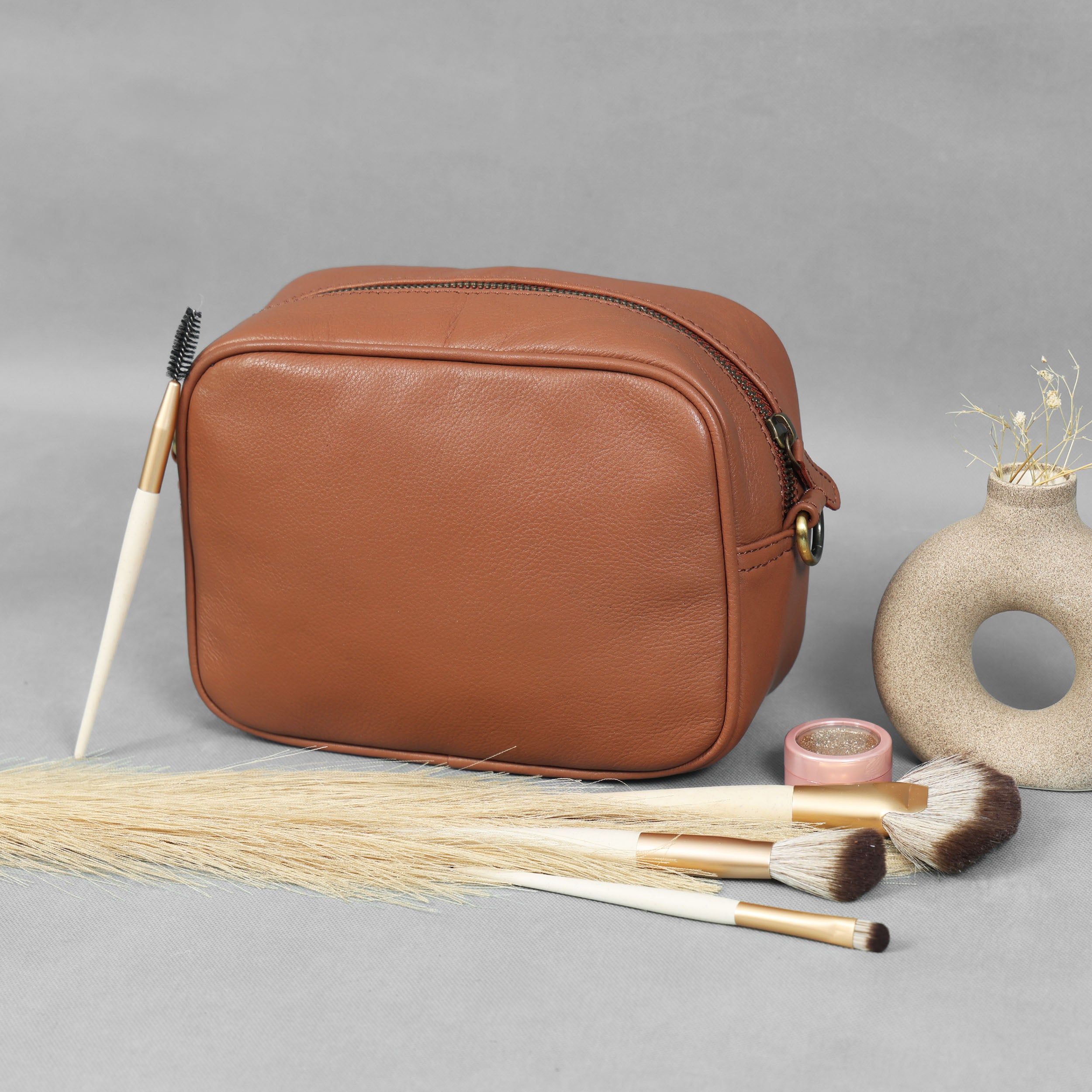 Premium Export Leather Compact Crossbody Bag | Multiple Zip Pockets & Adjustable Strap