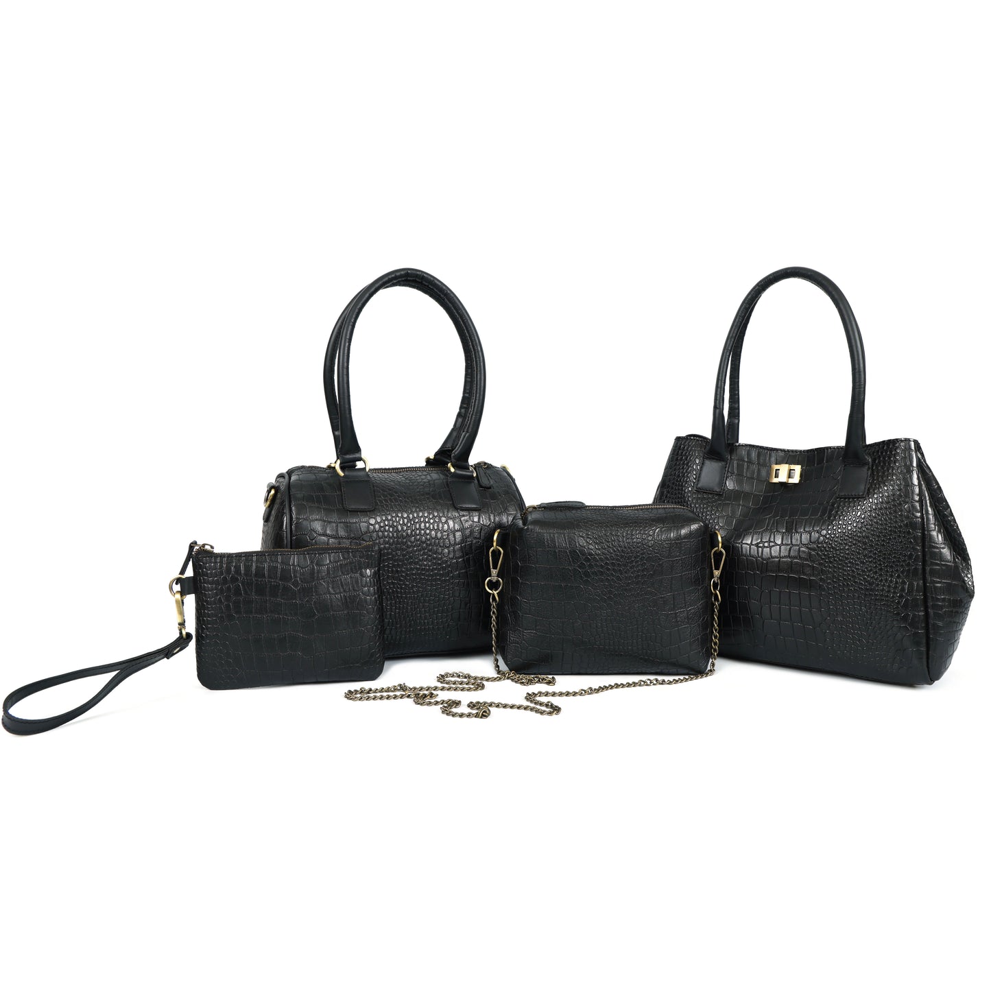 Black Croc-Textured 4-Piece Handbag Combo Set for Women