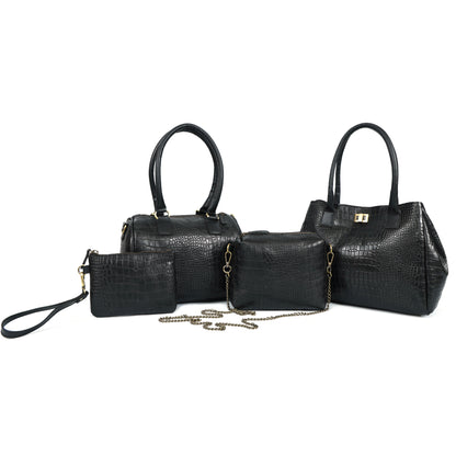 Black Croc-Textured 4-Piece Handbag Combo Set for Women