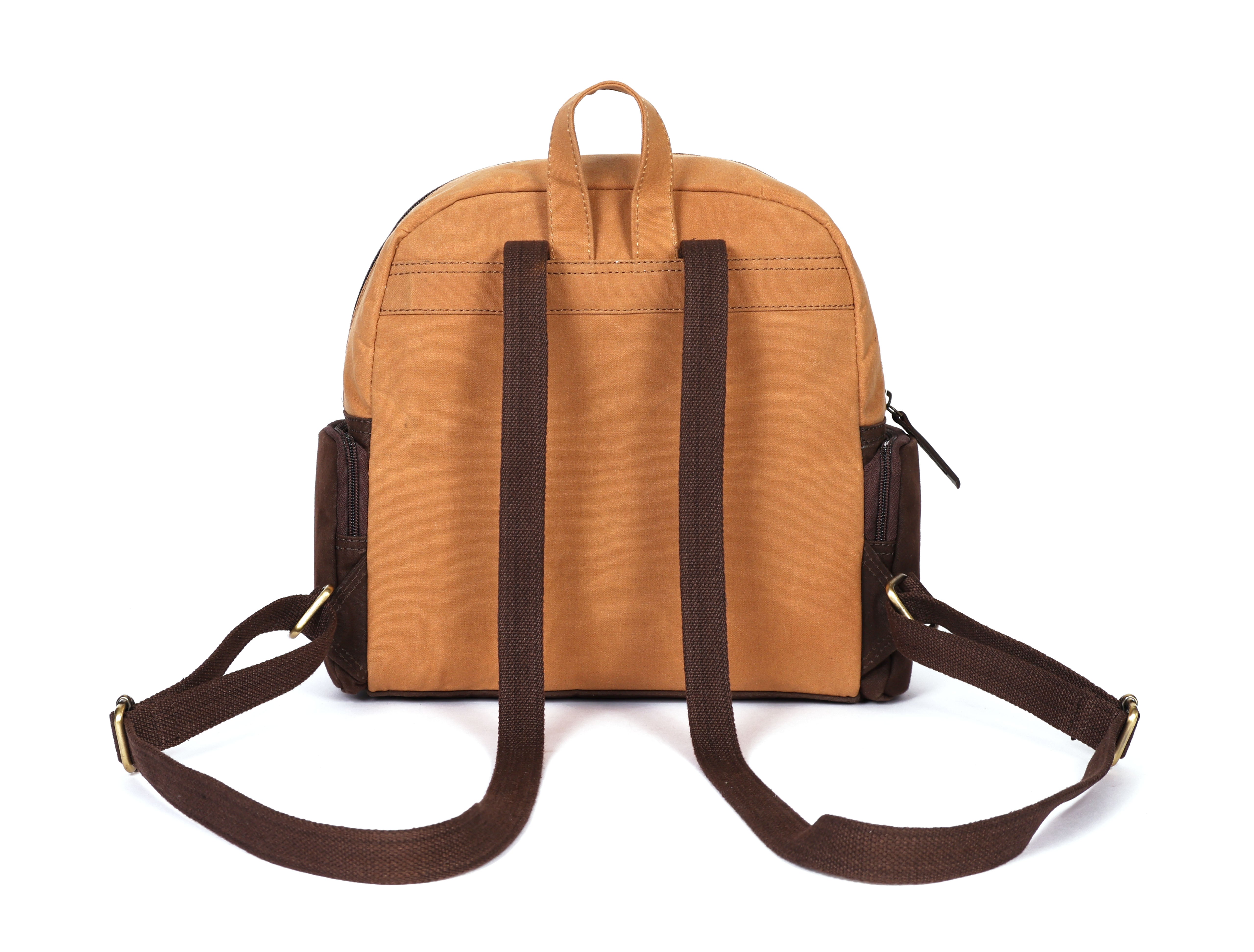 Premium Genuine  Leather & Canvas Mini Backpack with Multi Zip Pockets & Adjustable Straps