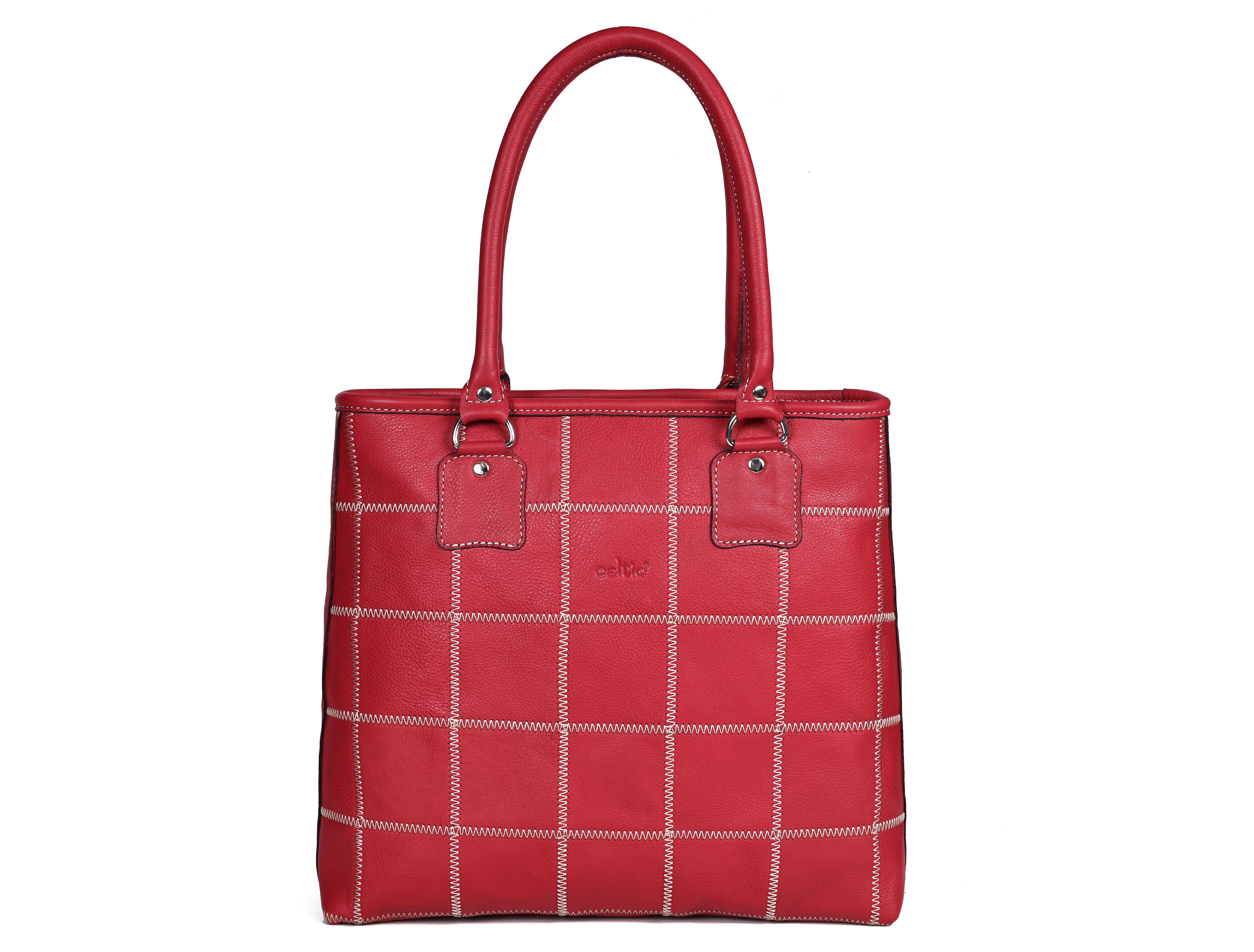 Genuine Leather Red Tote Bag with Check Stitch Design and Zip Closure