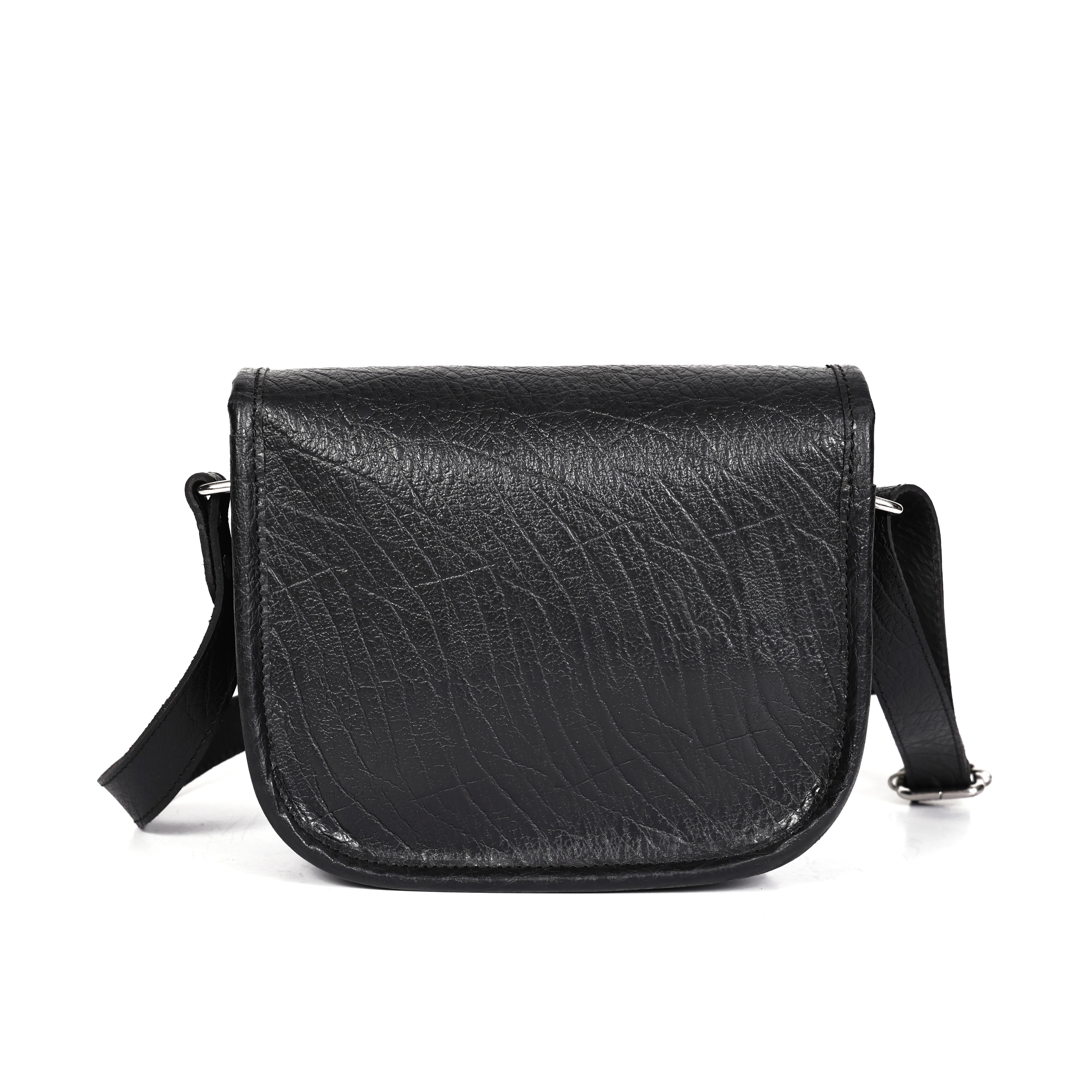 Black Wrinkle-Texture Leather Sling bag with Front Pocket & Adjustable Strap