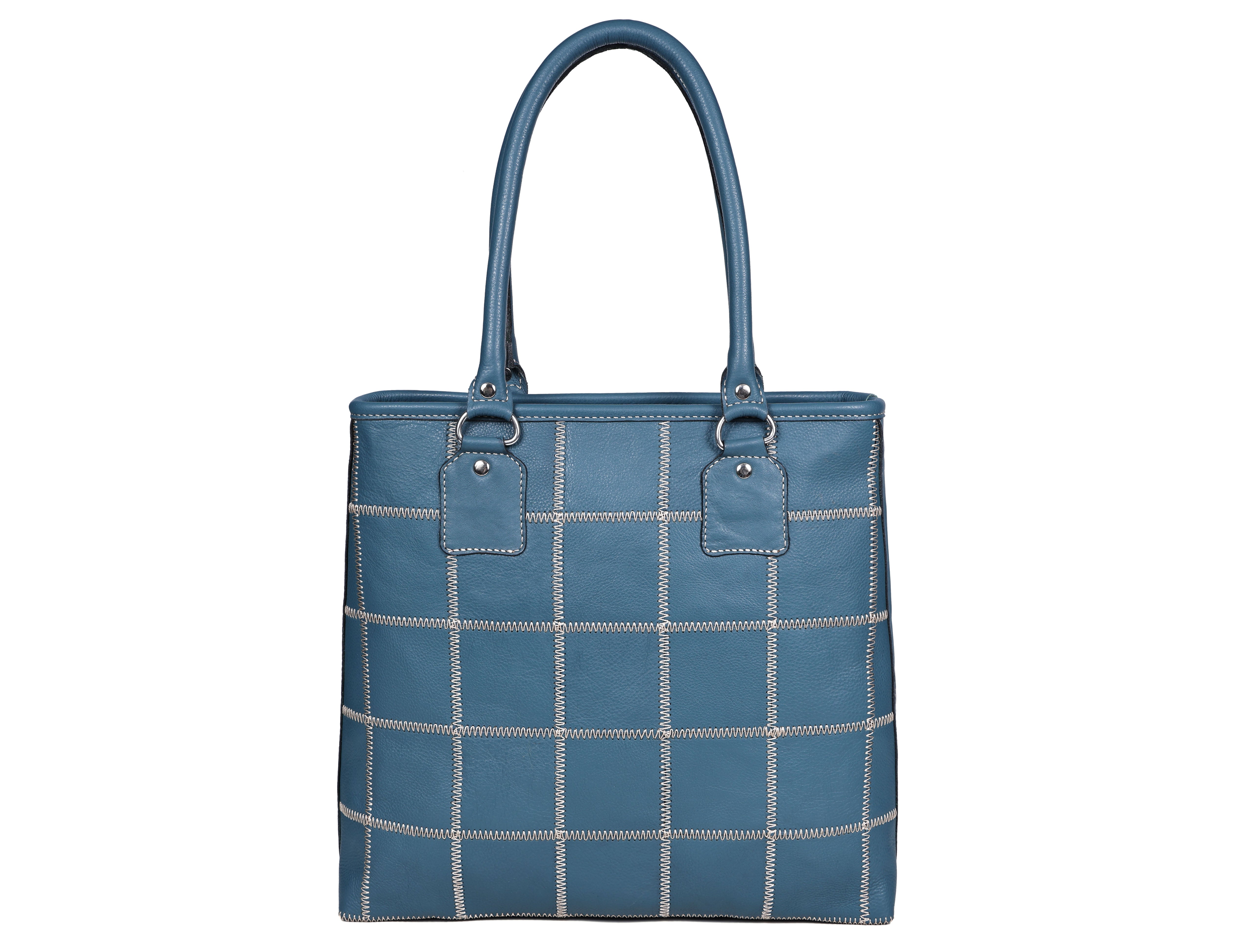 Genuine Leather Blue Tote Bag with Check Stitch Design and Zip Closure