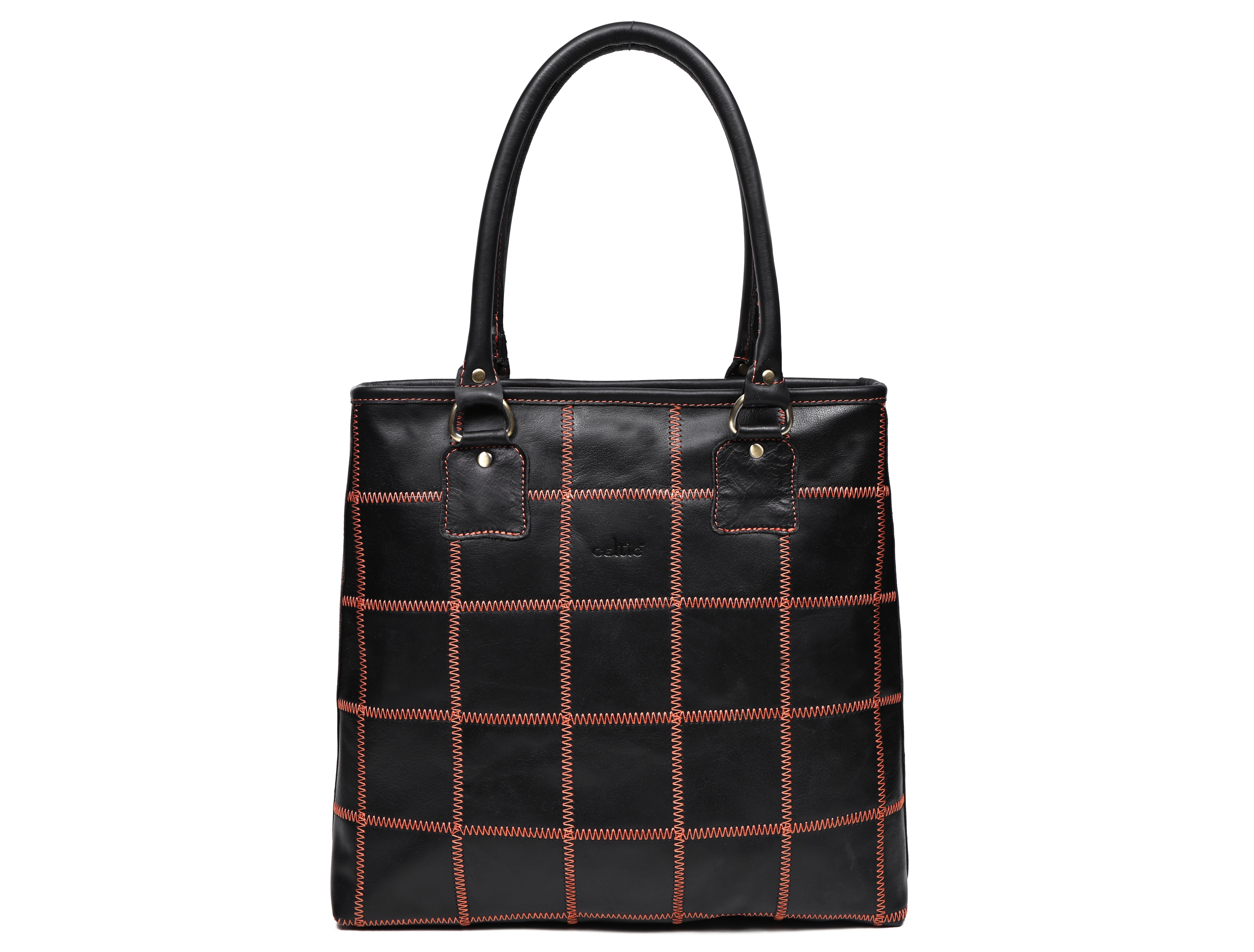 Women's Black Leather Tote Bag with Orange Stitch Grid and Spacious Interior