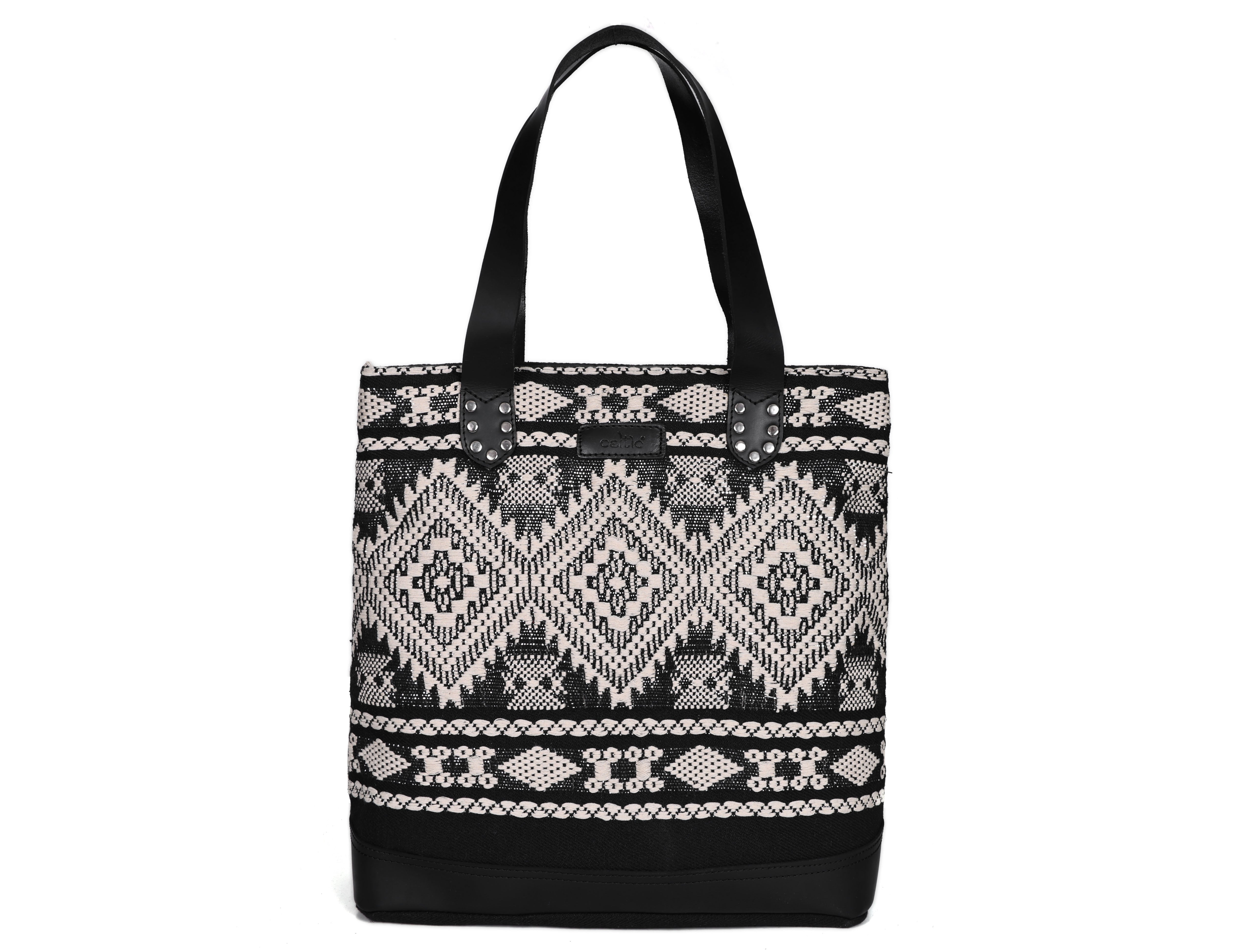Premium Black & White Jacquard Tote Bag With Spacious Zipper Compartments