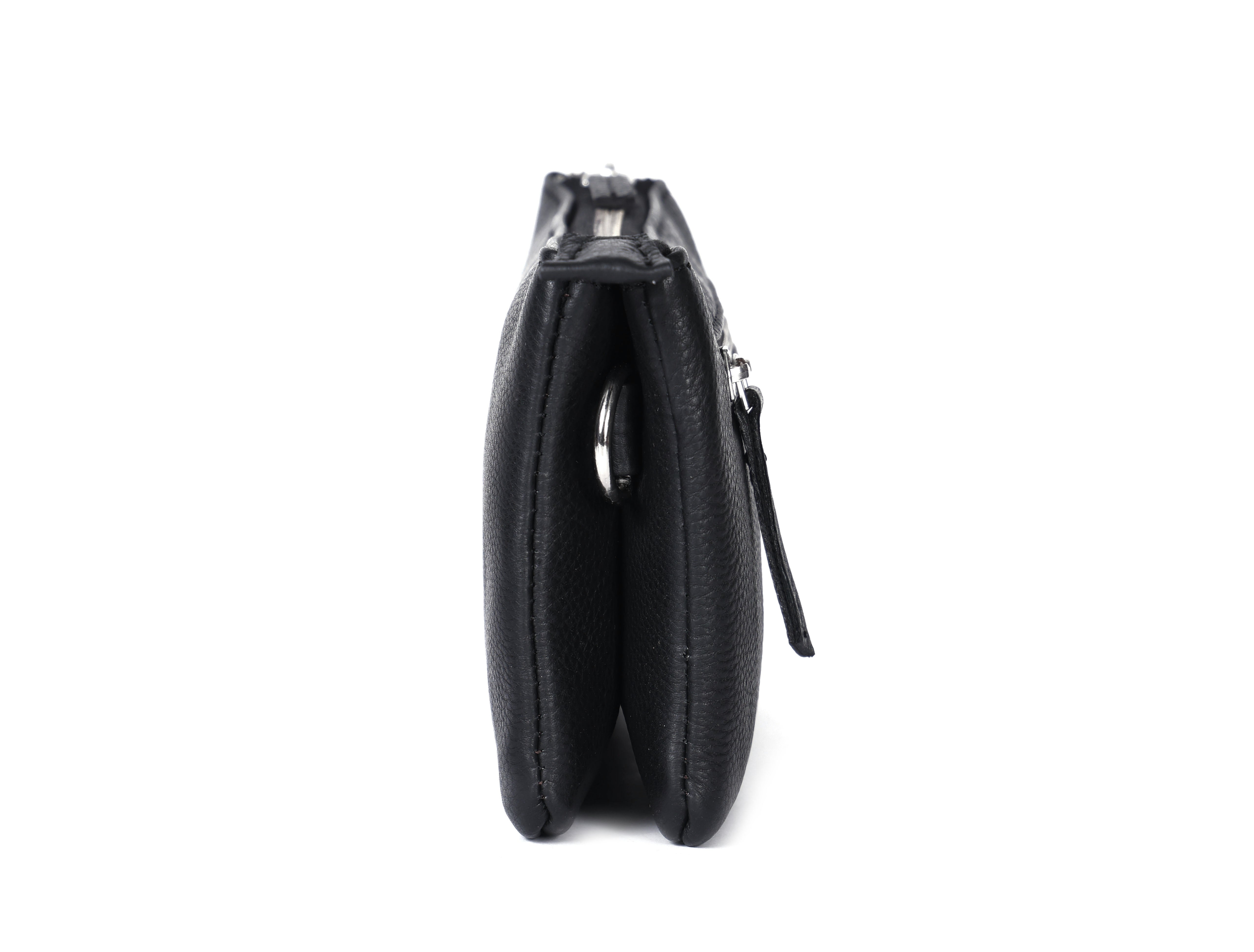 Premium Black Genuine Leather Sling Clutch with Dual Zip Compartments & Adjustable Strap