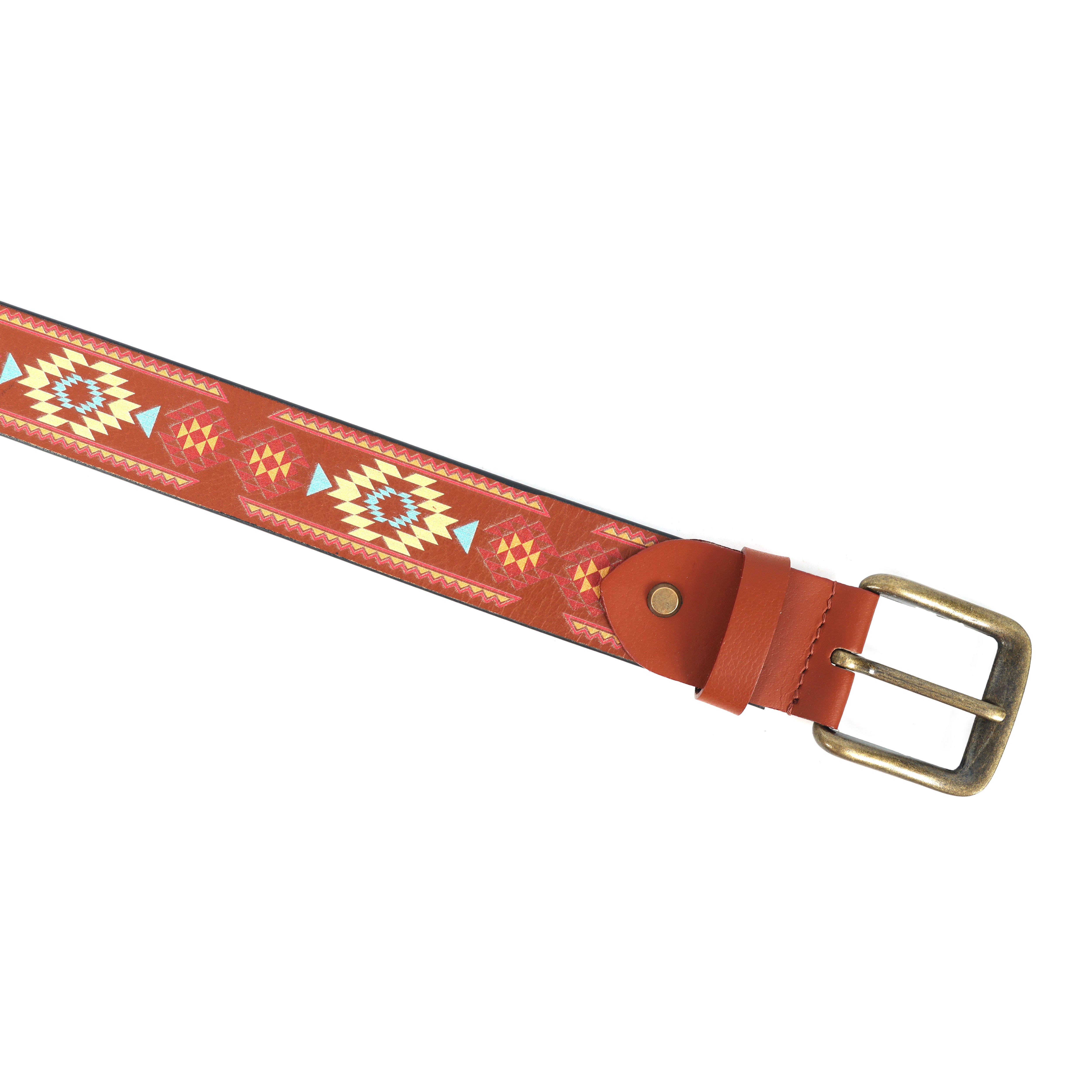 Brown Printed Belt with Ironic Statement Buckle  Trendy & Bold Streetwear Accessory.LB-890