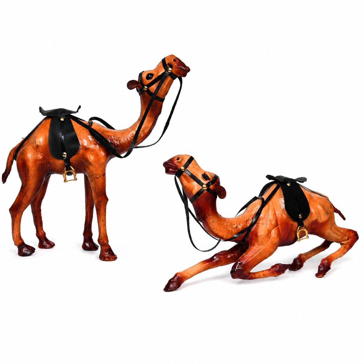 Leather Camel Showpiece Set of 2 – Standing & Sitting Camel Figurines for Home Decor, Office Desk, Living Room Decoration