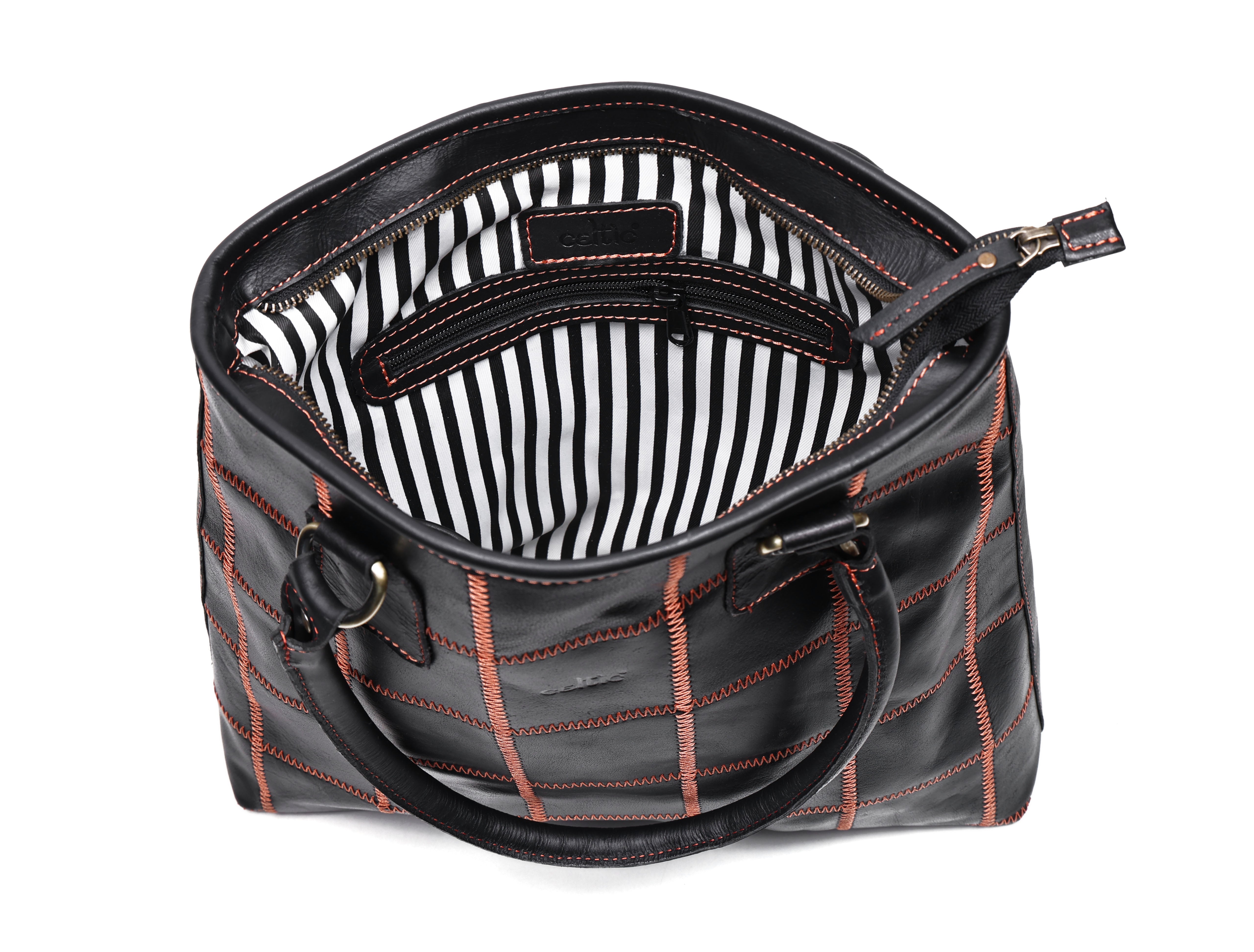 Women's Black Leather Tote Bag with Orange Stitch Grid and Spacious Interior