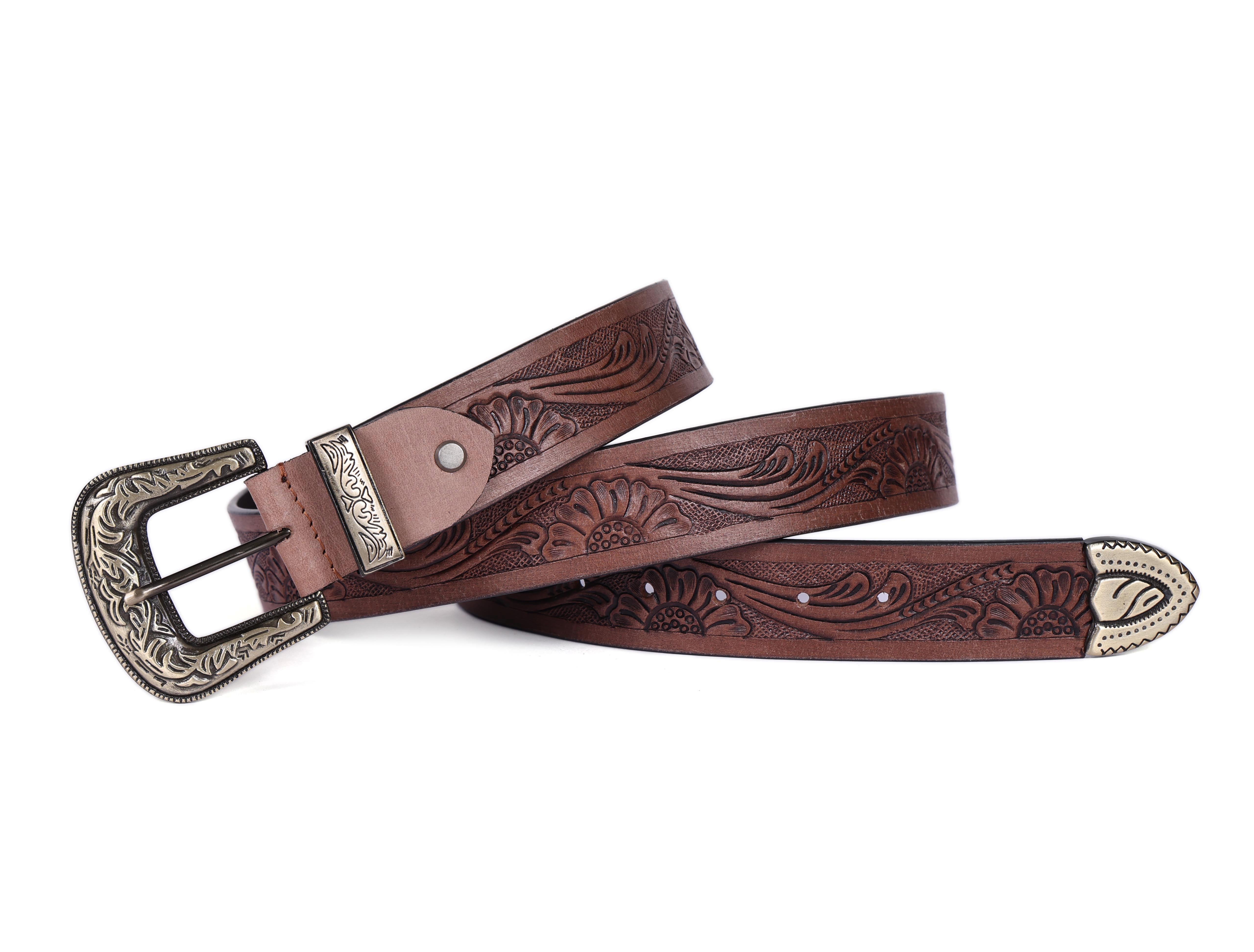 Genuine Leather Embossed Black Western Waist Accessory Ornate Buckle Tip