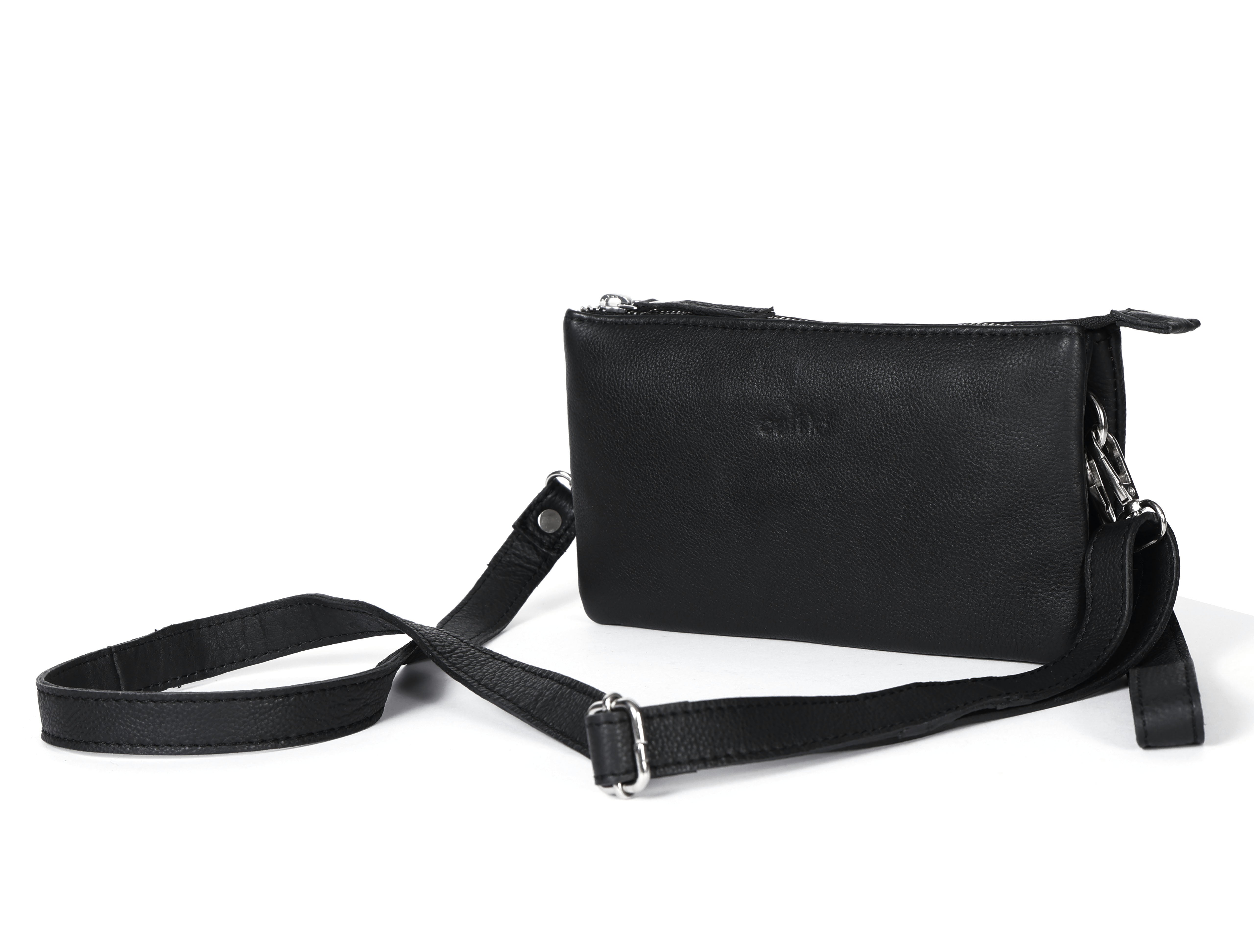 Premium Black Genuine Leather Sling Clutch with Dual Zip Compartments & Adjustable Strap