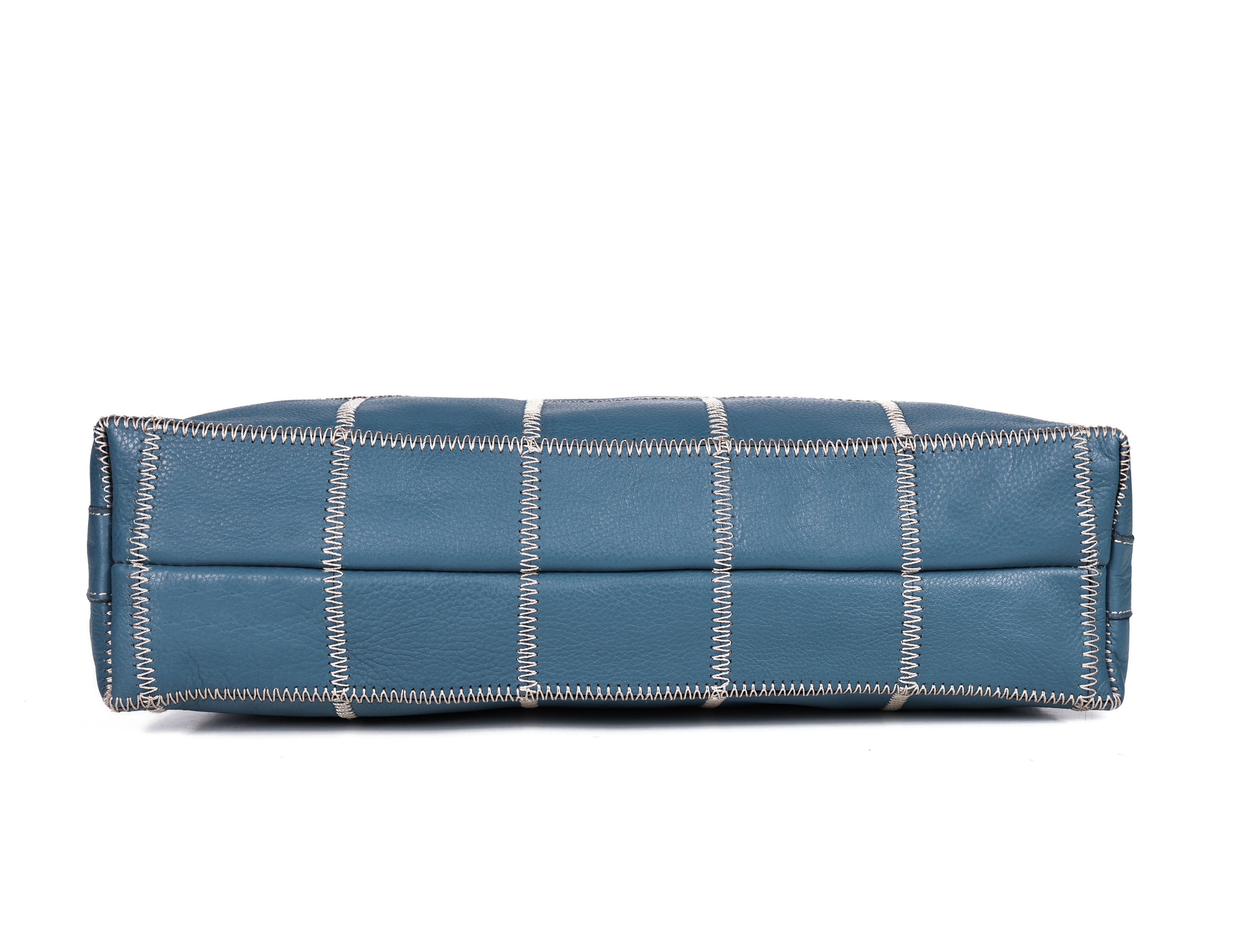 Genuine Leather Blue Tote Bag with Check Stitch Design and Zip Closure