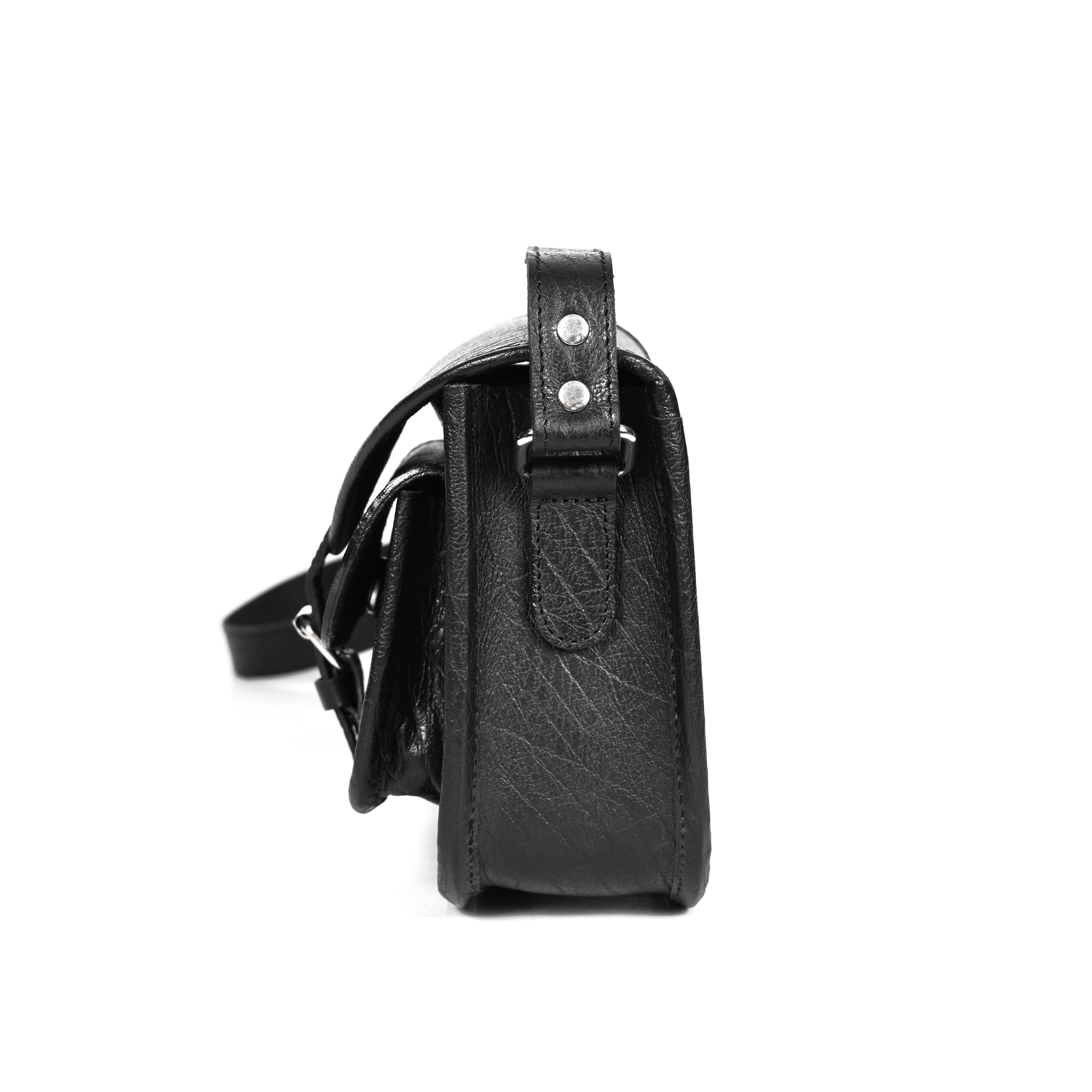 Black Wrinkle-Texture Leather Sling bag with Front Pocket & Adjustable Strap