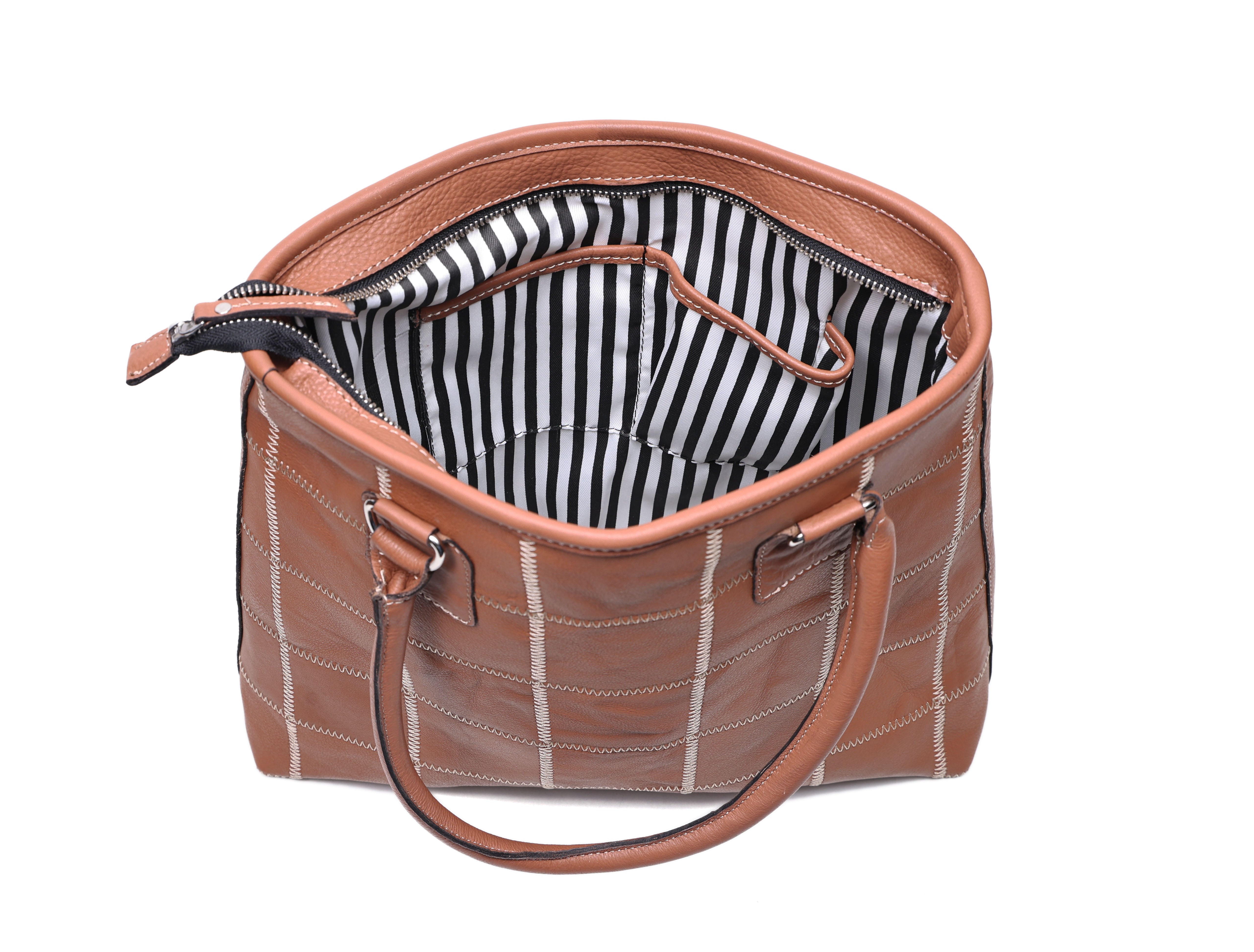 Genuine Leather Brown Tote Bag with Check Stitch Design and Zip Closure