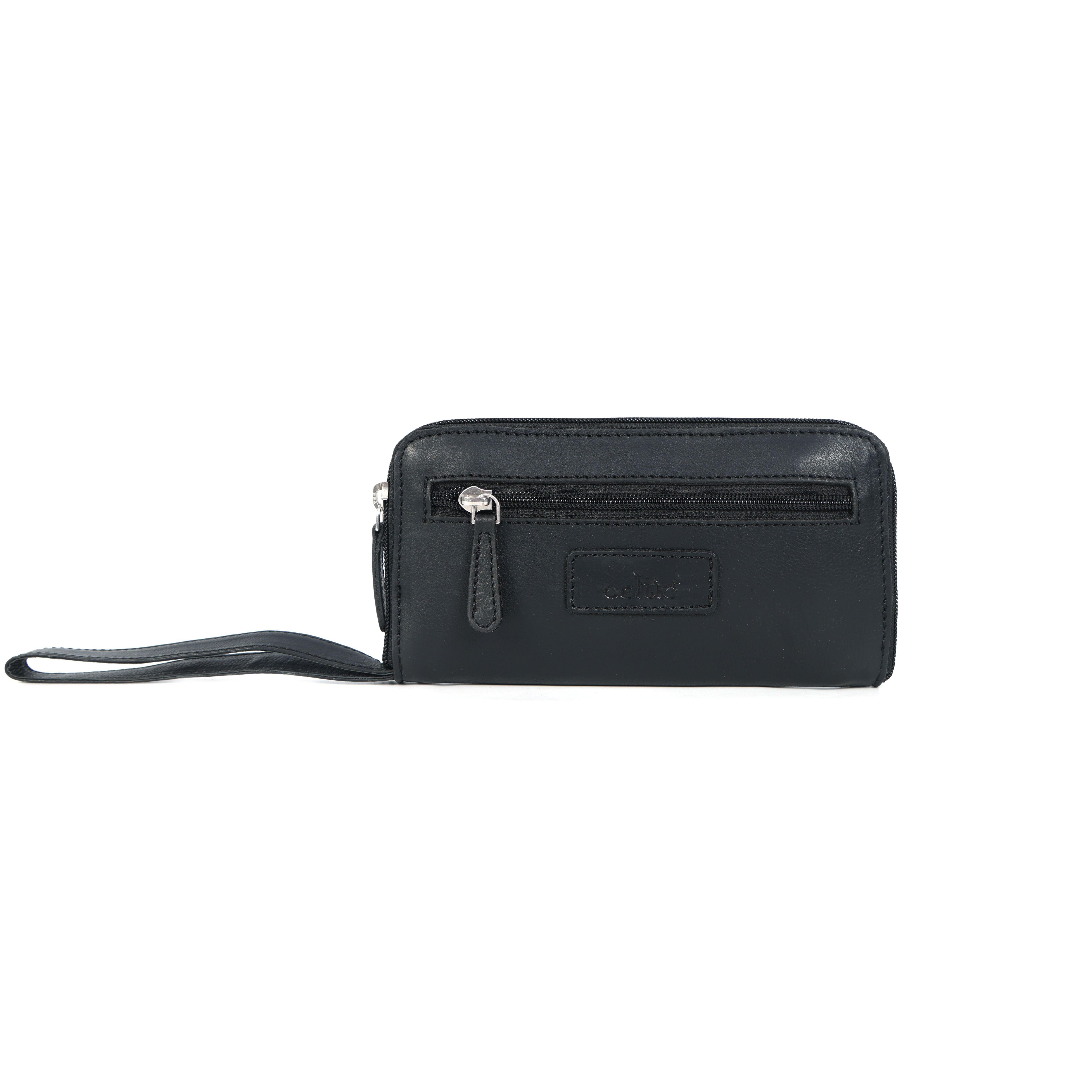 Premium Black Leather Zip-Around Wallet with Wrist Stra