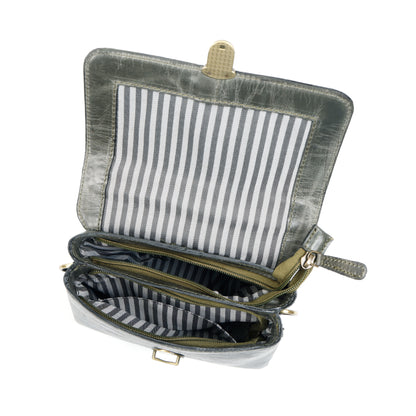 Vintage Leather Studded Top-Handle Sling Bag with Front Flap Lock & Multi-Pocket Interio