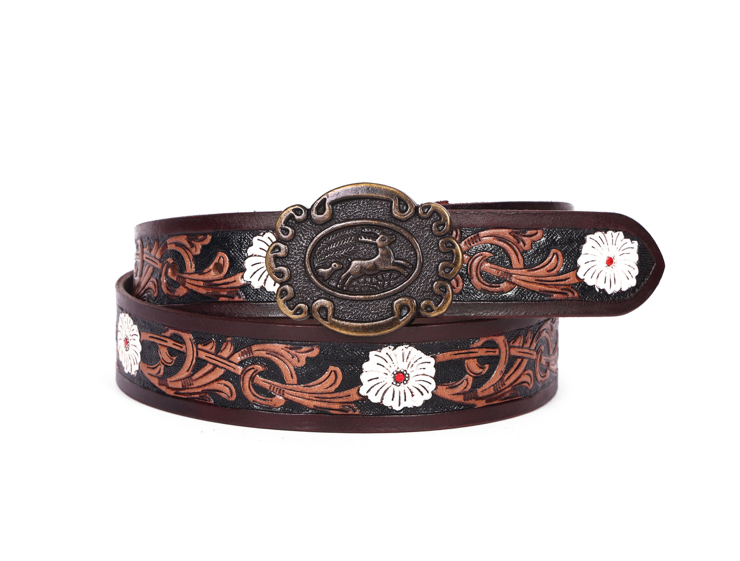 Artisan Brown Leather Tooling Belt: Animal-Inspired Buckle and Floral Accents. - CELTICINDIA