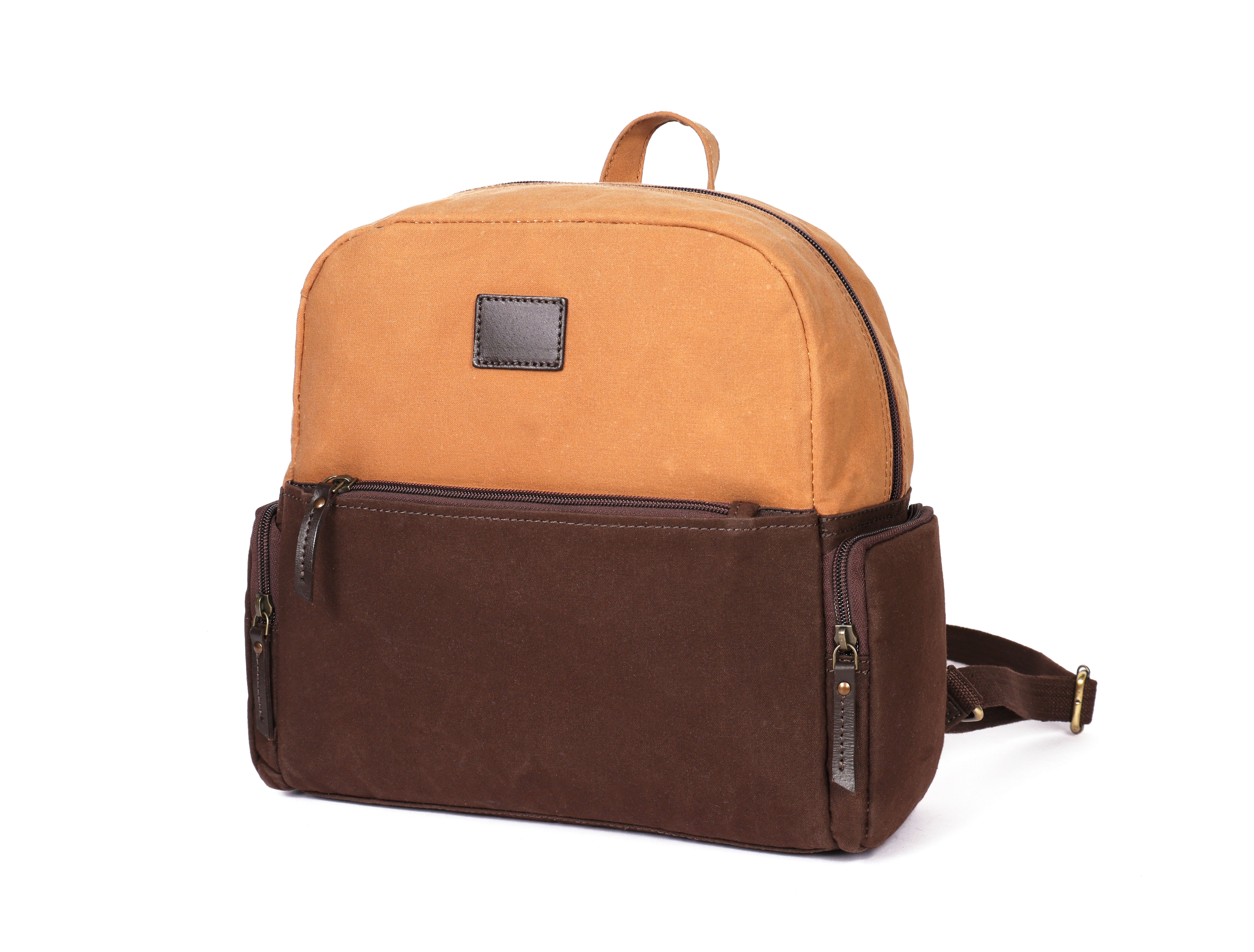 Premium Genuine  Leather & Canvas Mini Backpack with Multi Zip Pockets & Adjustable Straps
