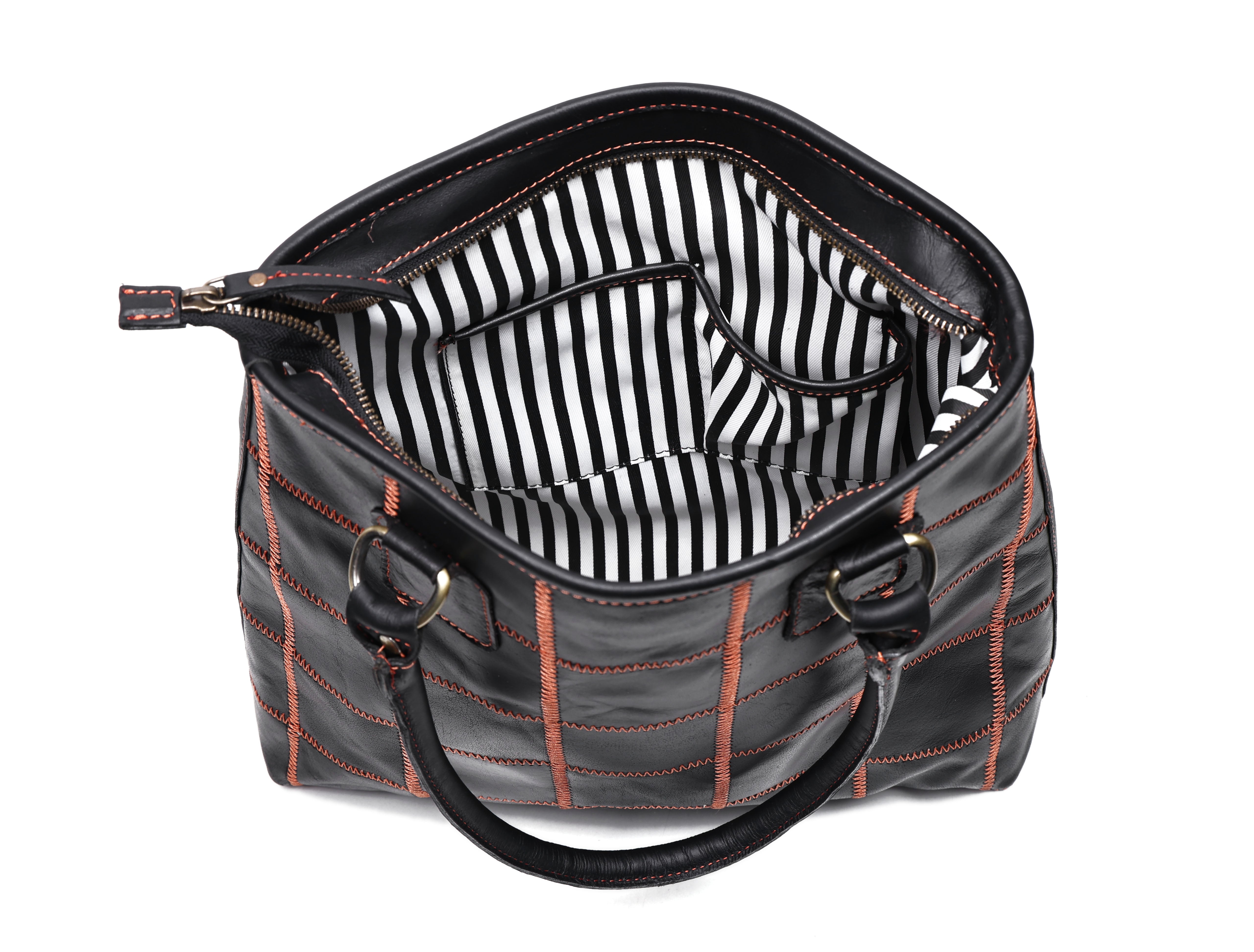 Women's Black Leather Tote Bag with Orange Stitch Grid and Spacious Interior