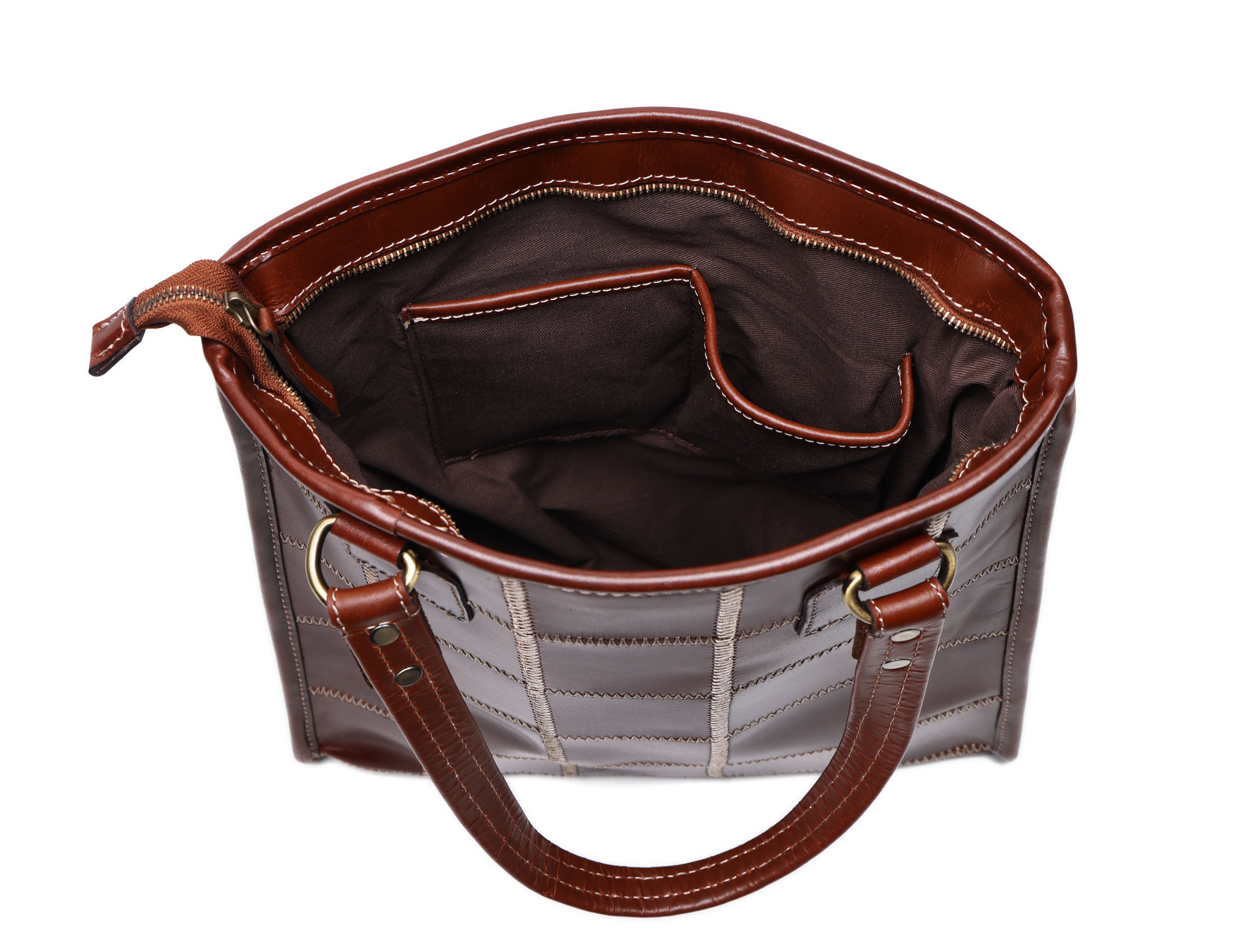 Premium Genuine Leather Shoulder totebag with Grid Stitching & Zip Closure