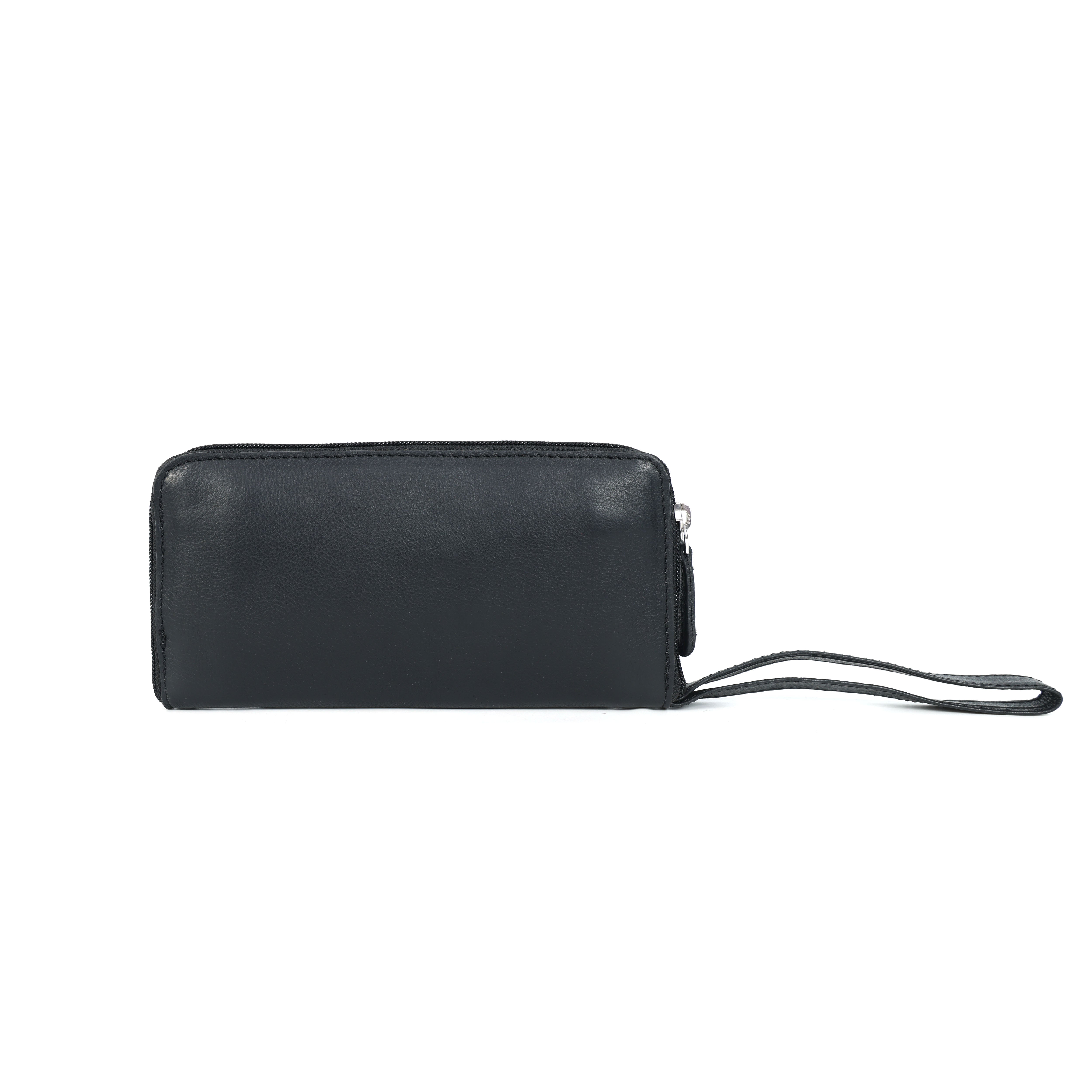 Premium Black Leather Zip-Around Wallet with Wrist Stra