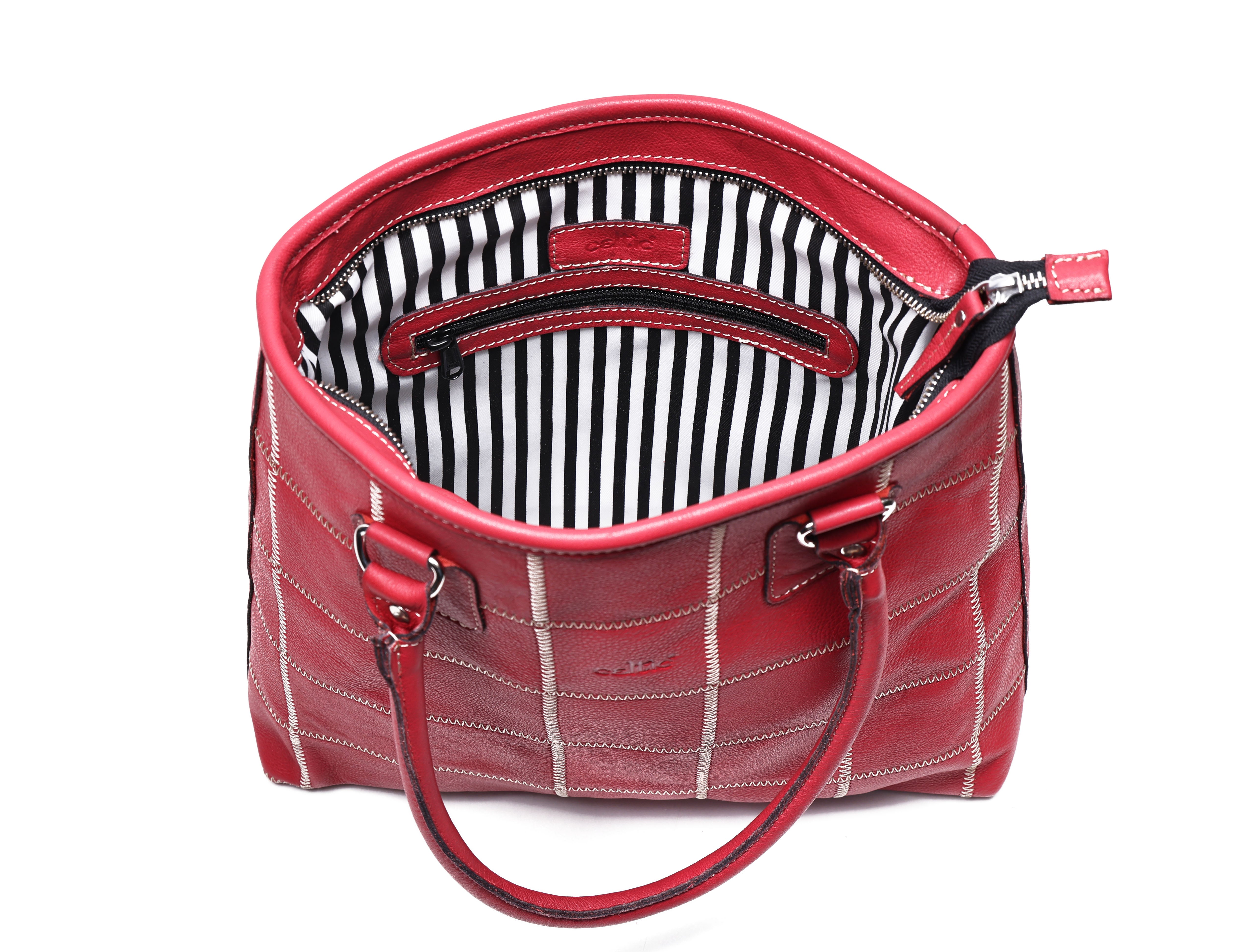 Genuine Leather Red Tote Bag with Check Stitch Design and Zip Closure