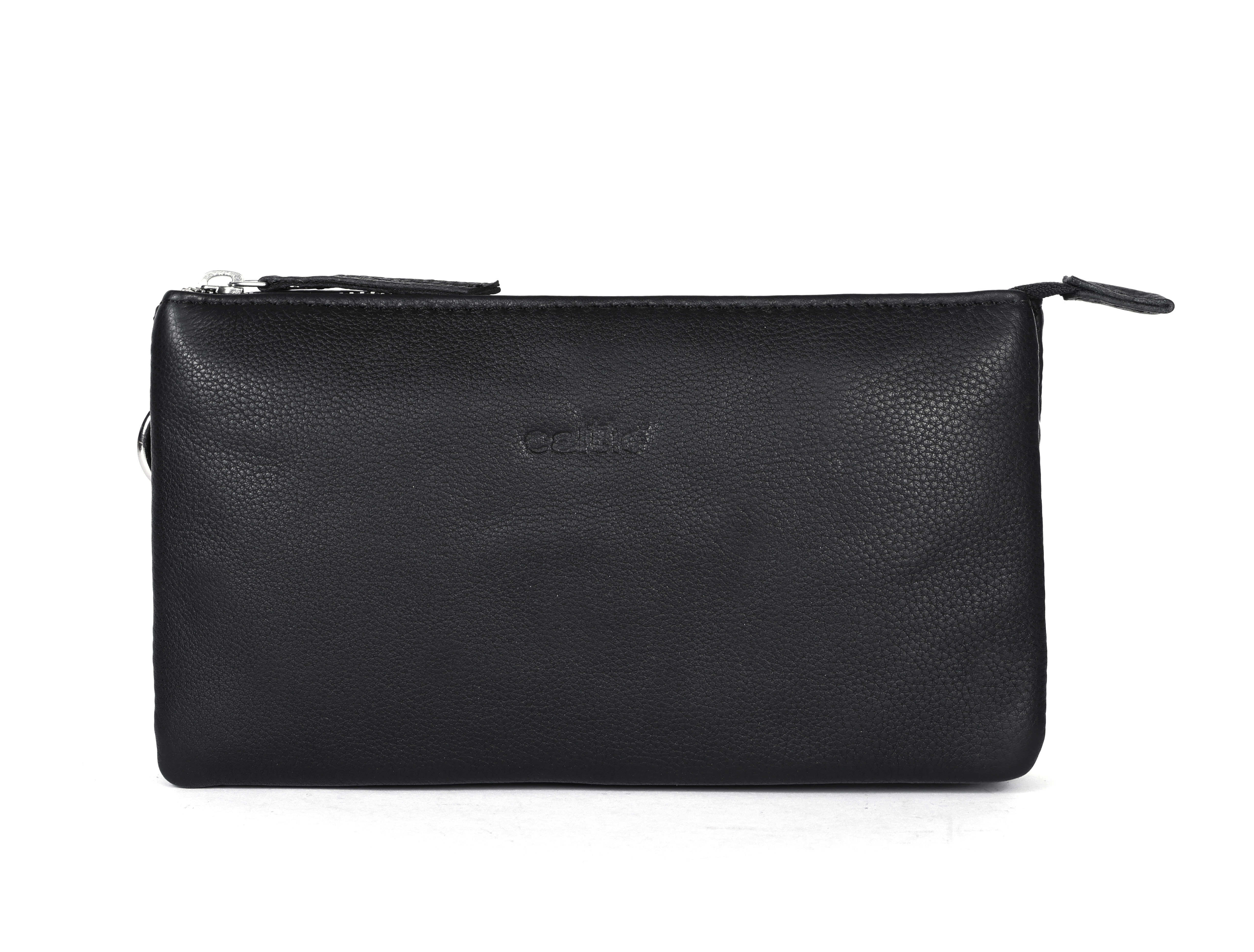 Premium Black Genuine Leather Sling Clutch with Dual Zip Compartments & Adjustable Strap