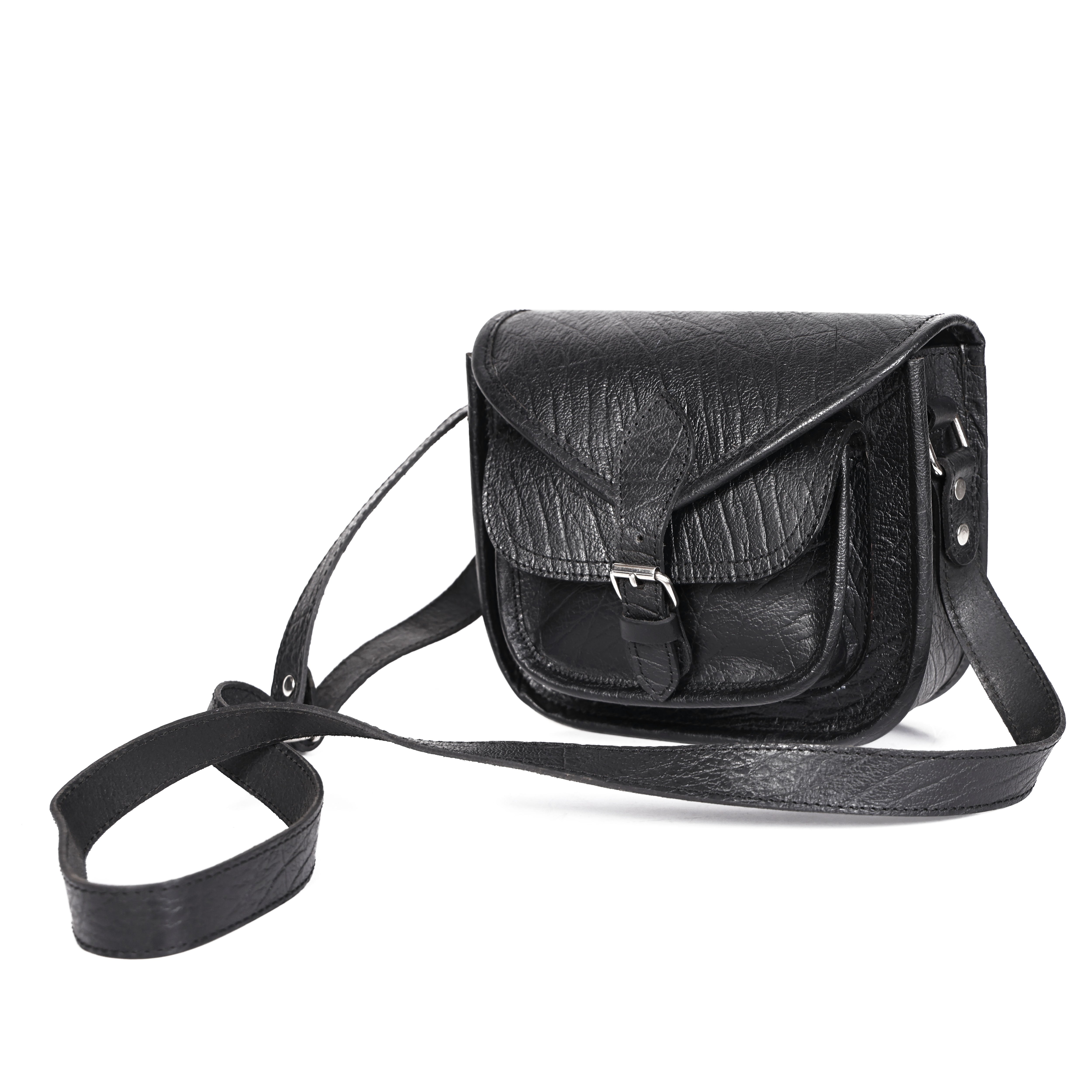Black Wrinkle-Texture Leather Sling bag with Front Pocket & Adjustable Strap