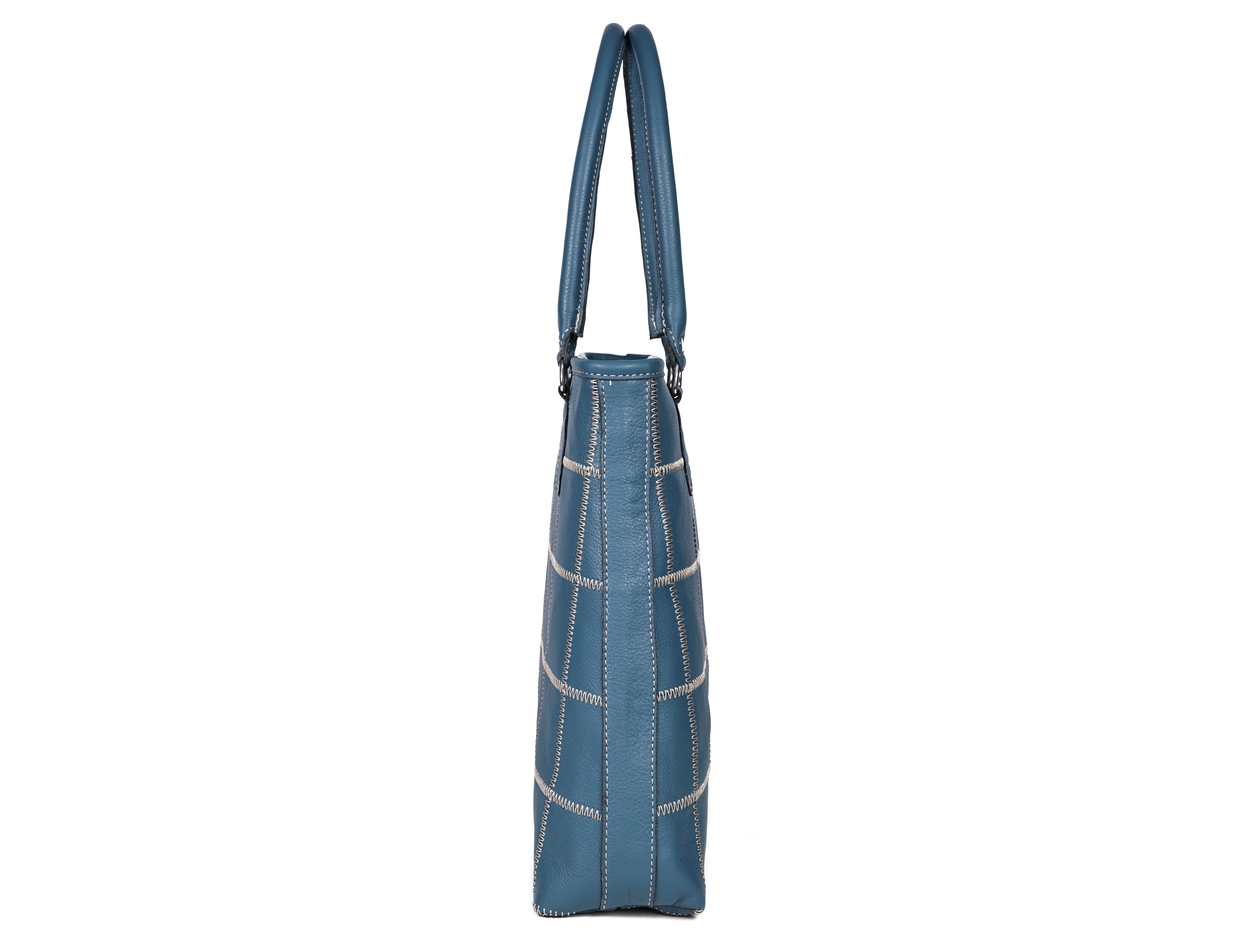 Genuine Leather Blue Tote Bag with Check Stitch Design and Zip Closure
