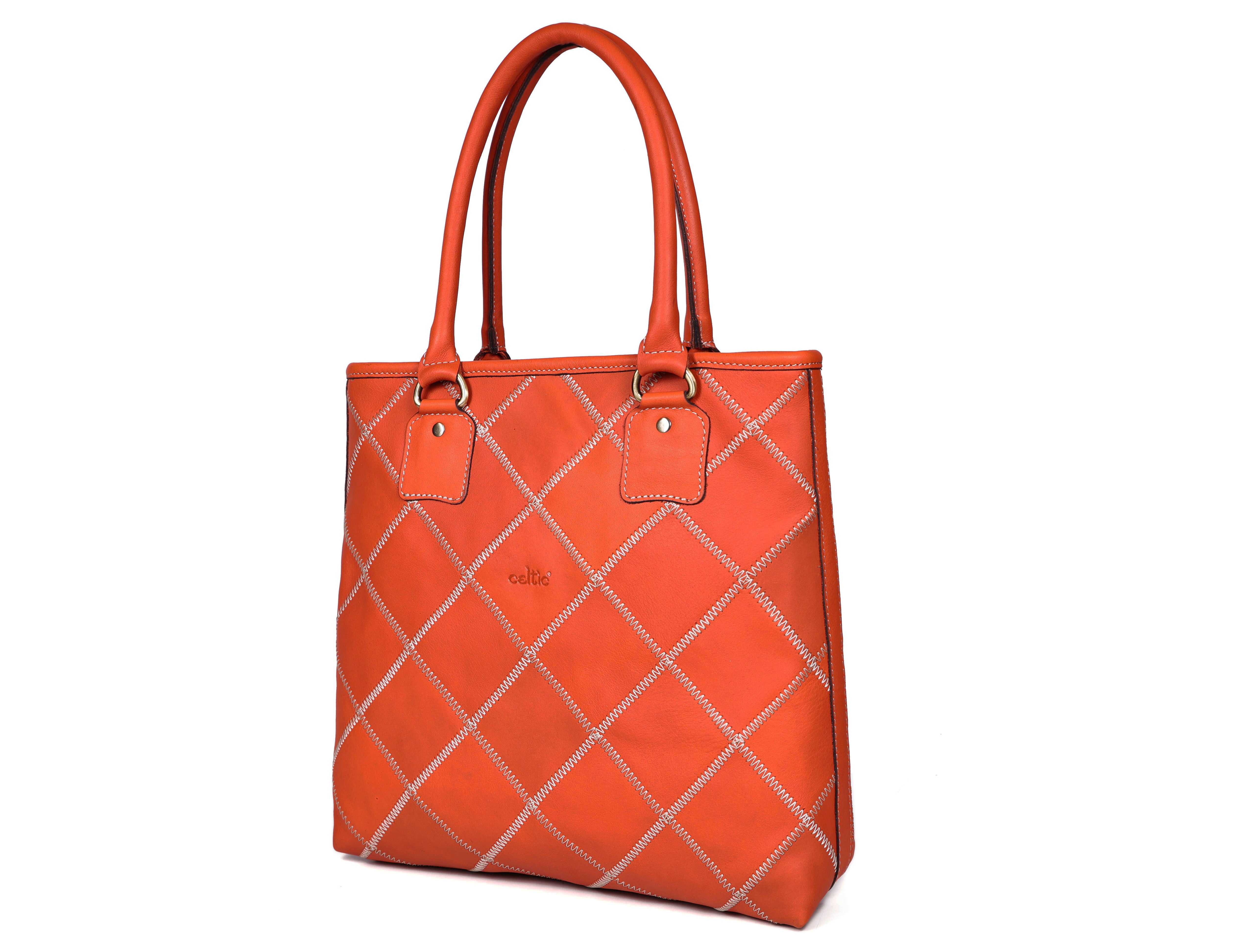 Genuine Leather Red Tote Bag with Check Stitch Design and Zip Closure