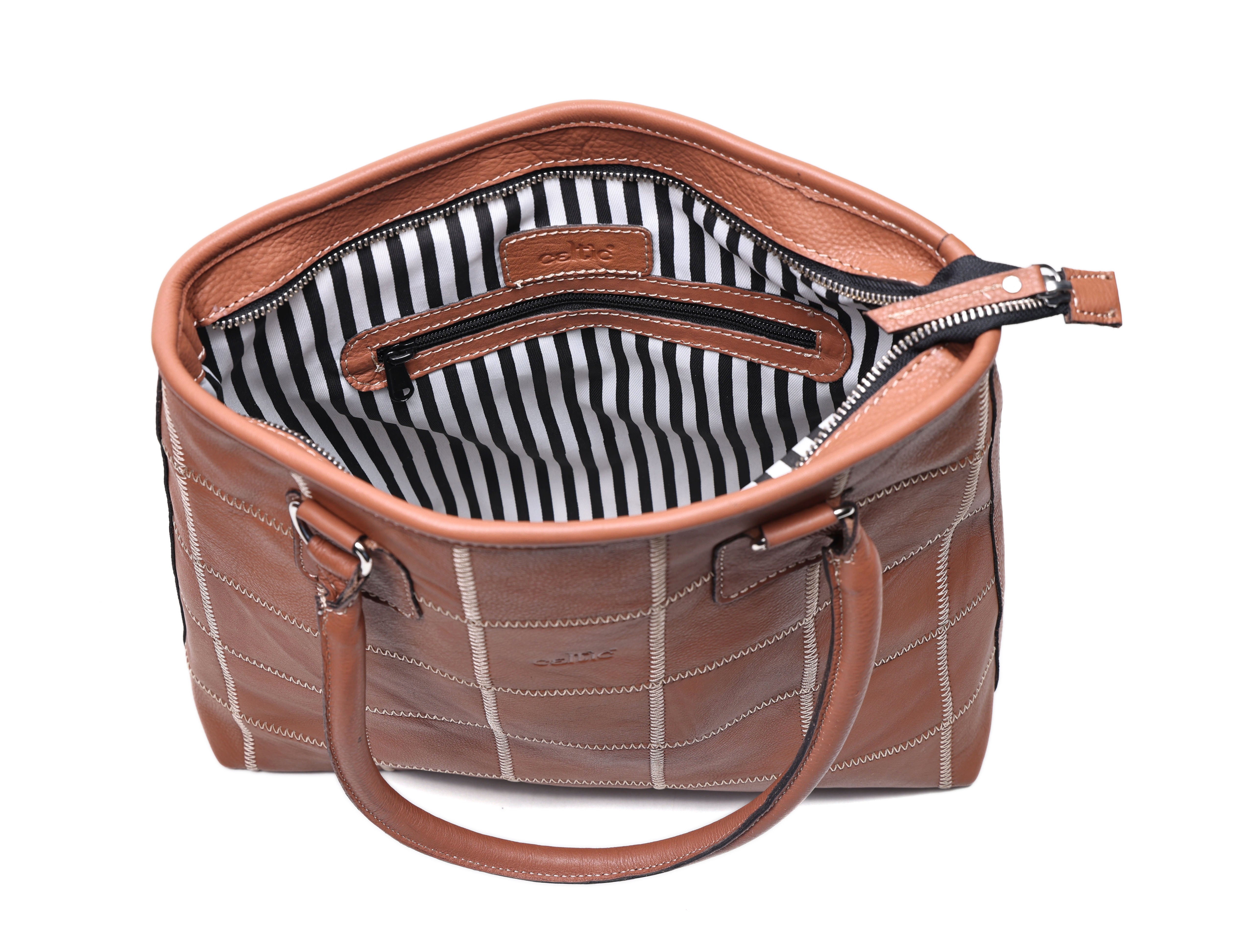 Genuine Leather Brown Tote Bag with Check Stitch Design and Zip Closure