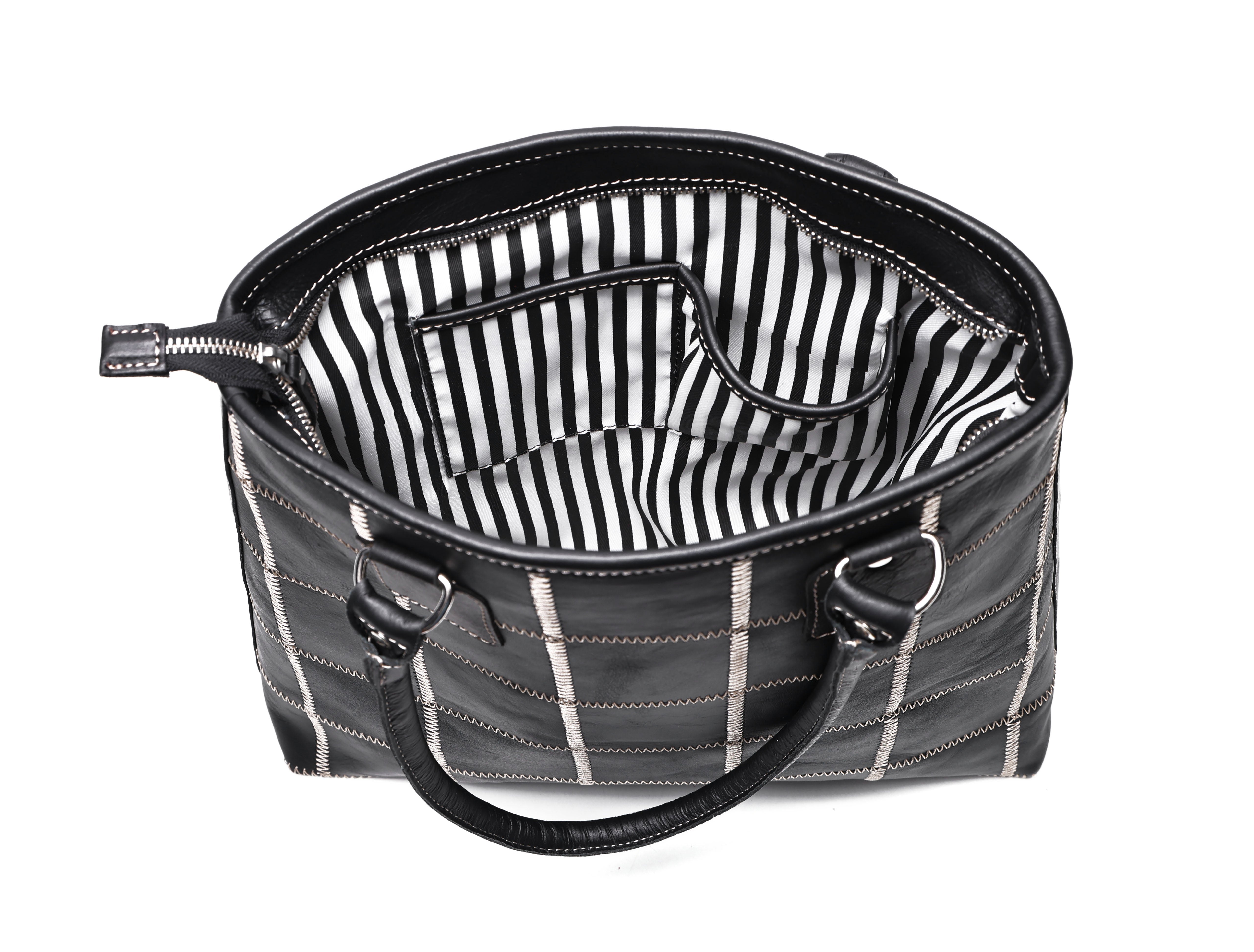 Women Black Leather Tote Bag with Contrast Stitch Grid and Spacious Interior